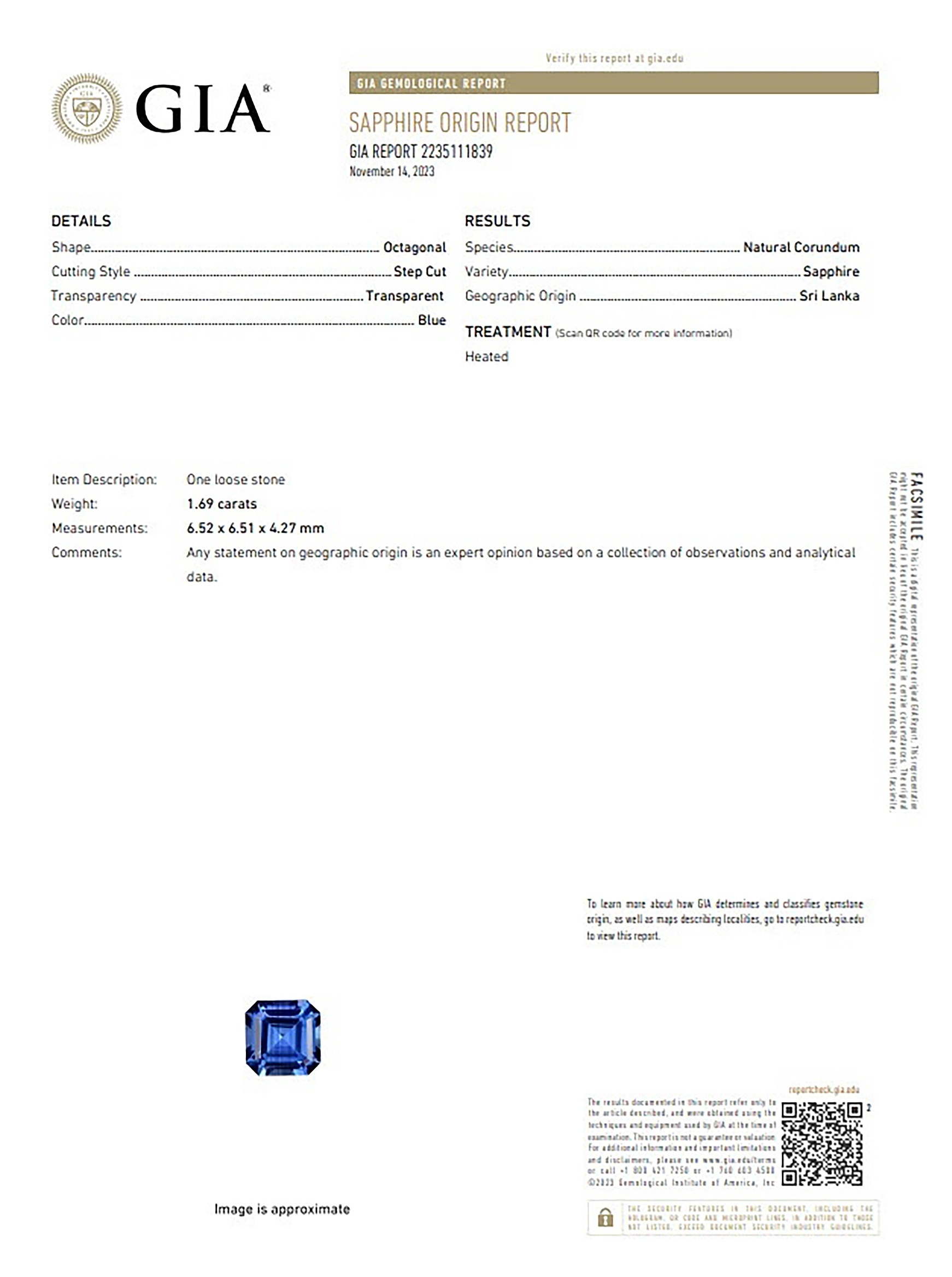 1.69 Ct. Blue Sapphire from Ceylon (Sri Lanka)