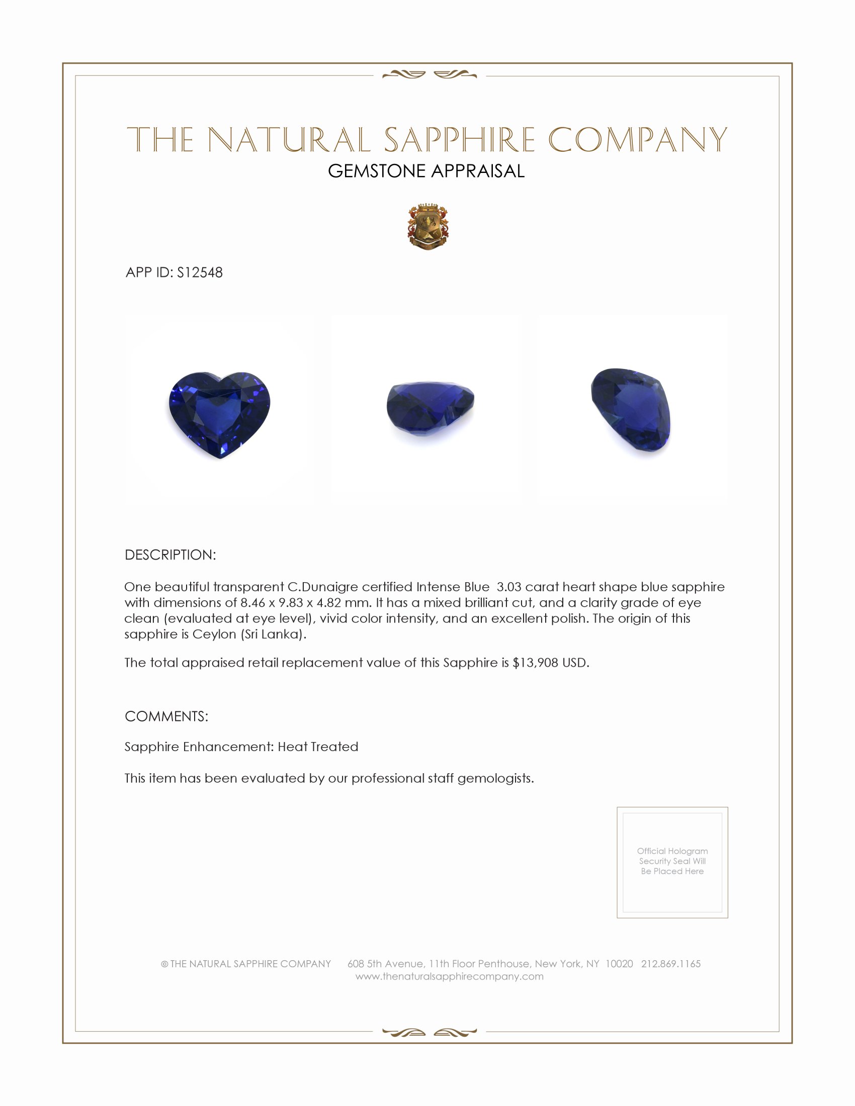 3.03 Ct. Blue Sapphire from Ceylon (Sri Lanka)