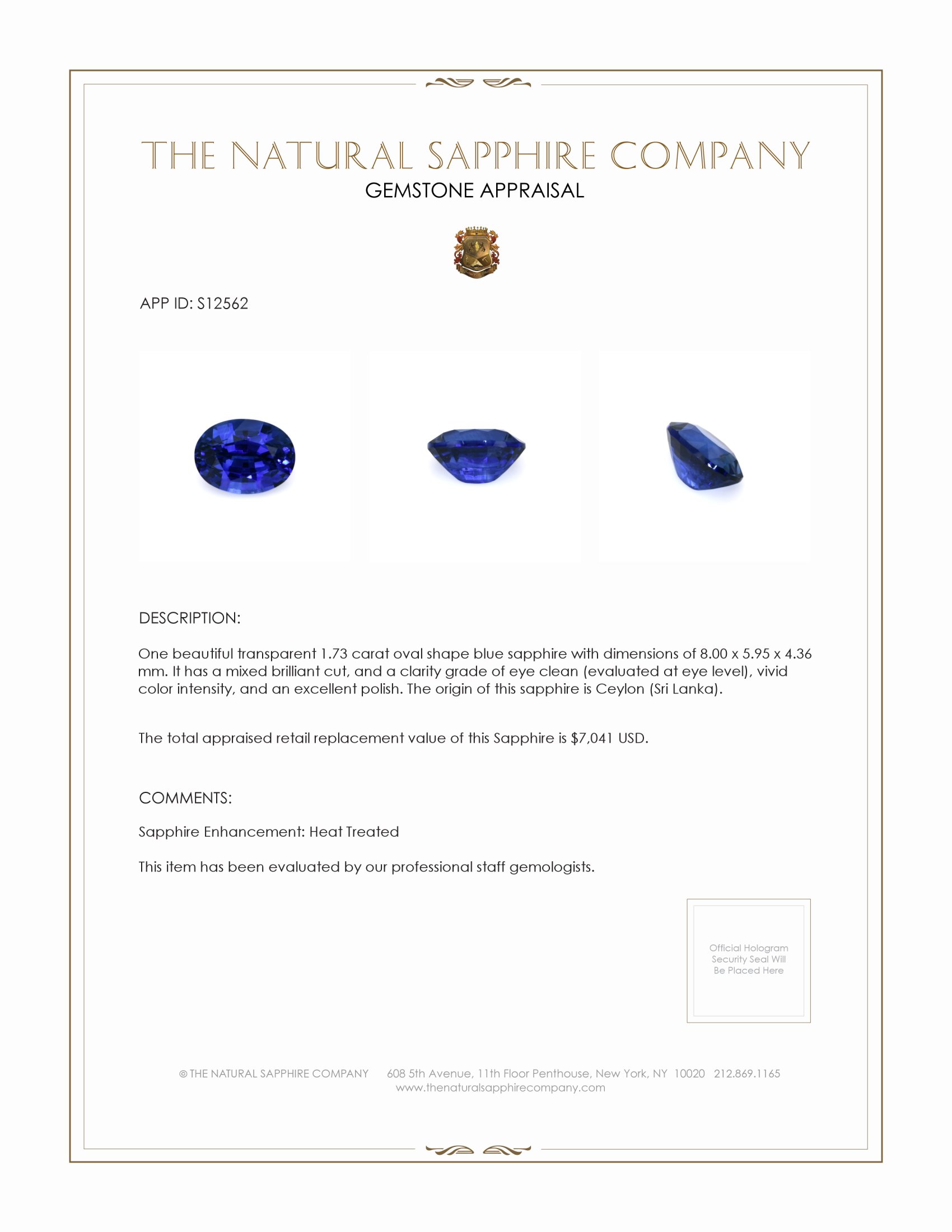 1.73 Ct. Blue Sapphire from Ceylon (Sri Lanka)