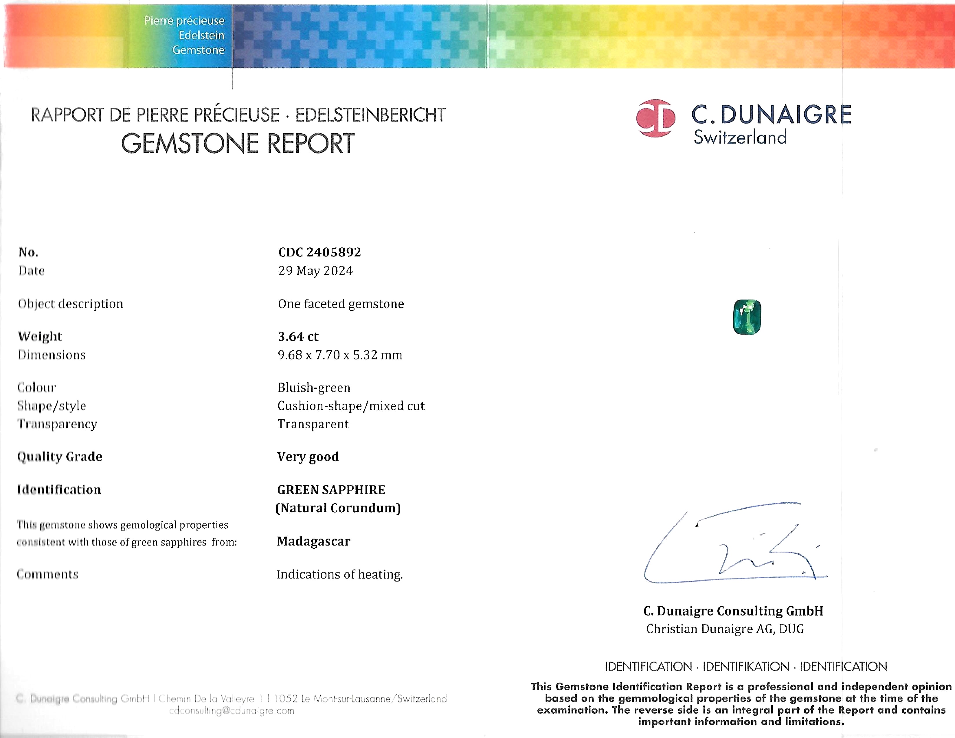 3.64 Ct. Bluish Green Sapphire from Madagascar