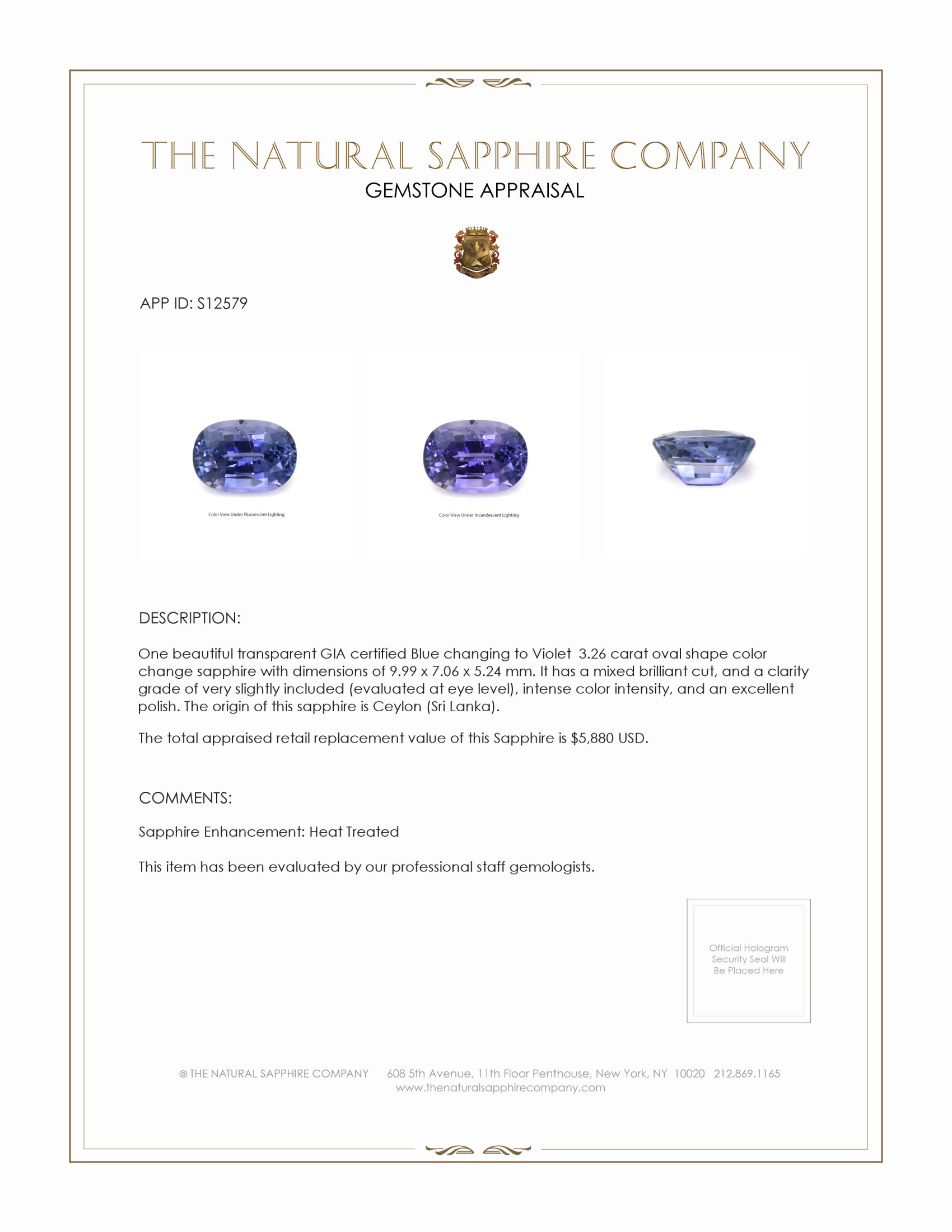 3.26 Ct. Color Change Sapphire from Ceylon (Sri Lanka)