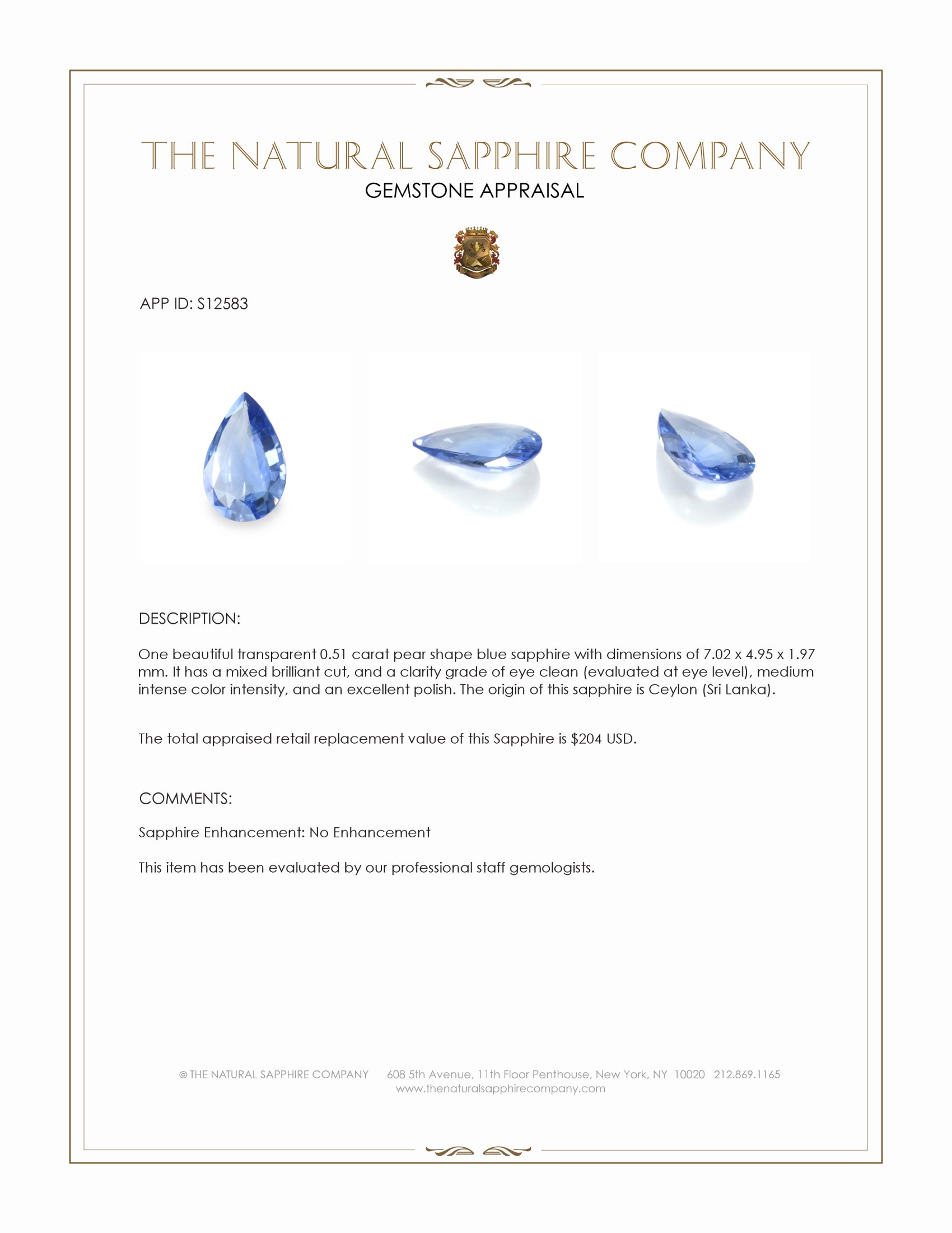 0.51 Ct. Blue Sapphire from Ceylon (Sri Lanka)