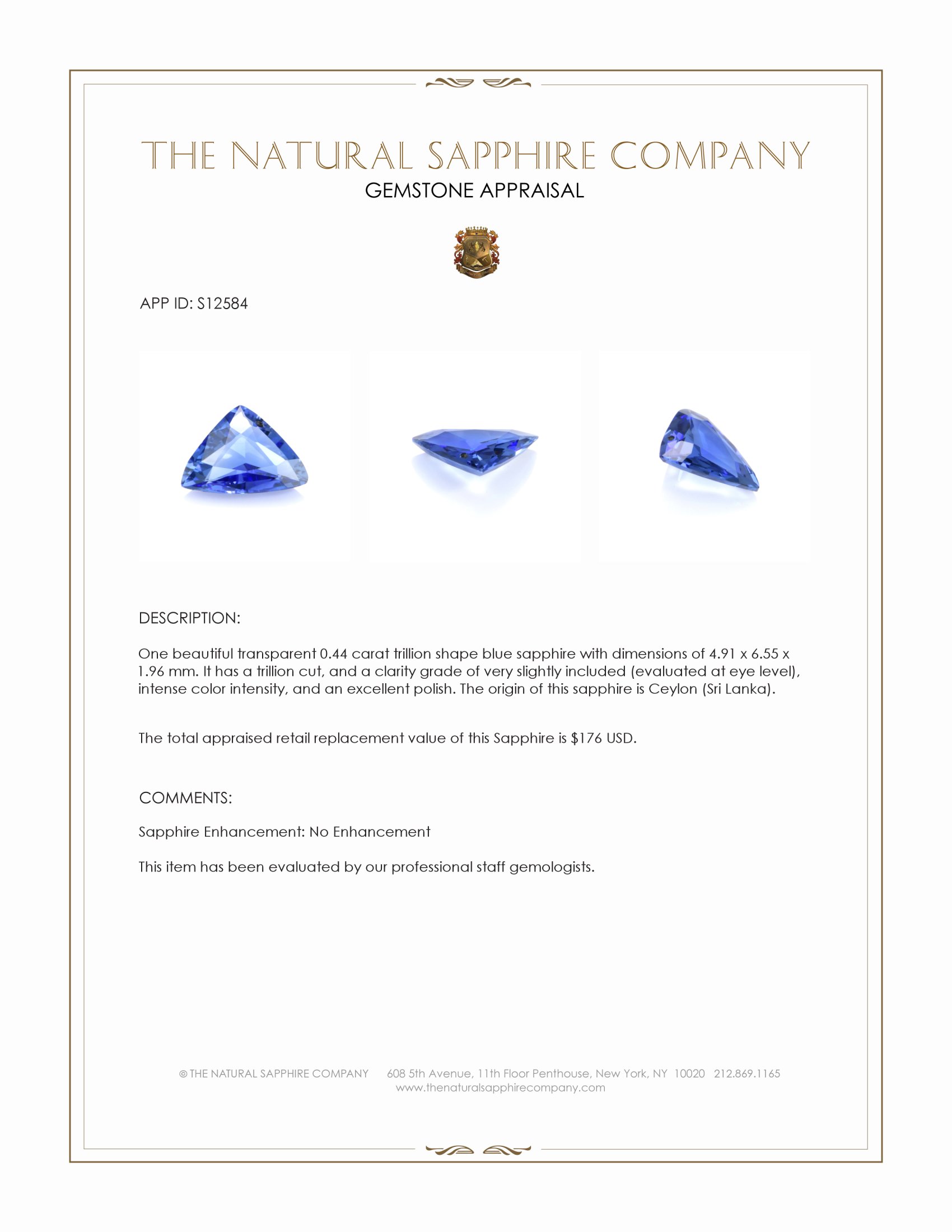 0.44 Ct. Blue Sapphire from Ceylon (Sri Lanka)