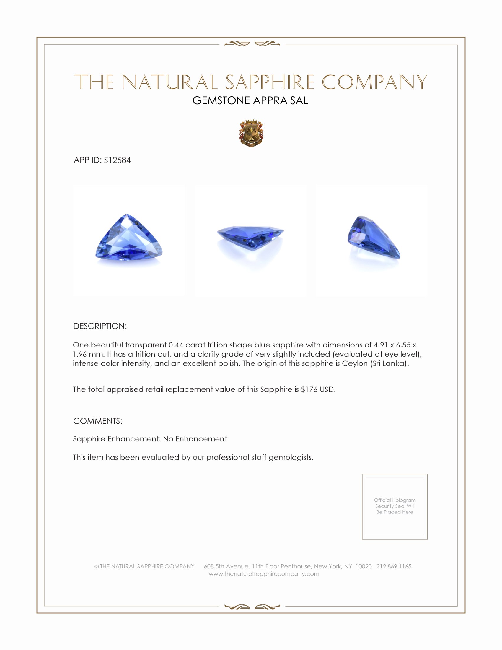0.44 Ct. Blue Sapphire from Ceylon (Sri Lanka)