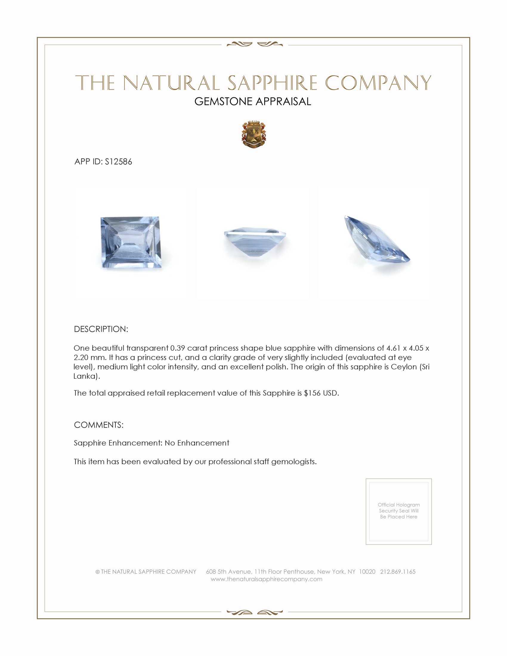 0.39 Ct. Blue Sapphire from Ceylon (Sri Lanka)