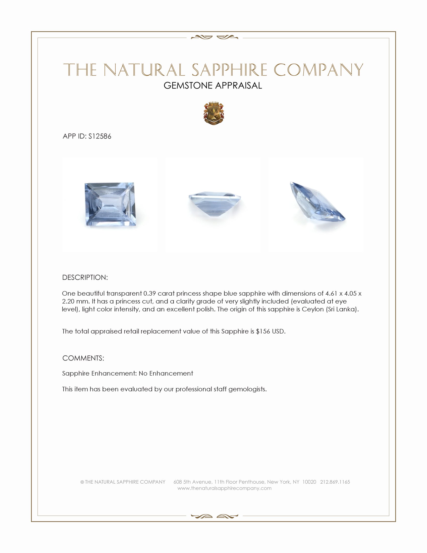 0.39 Ct. Blue Sapphire from Ceylon (Sri Lanka)