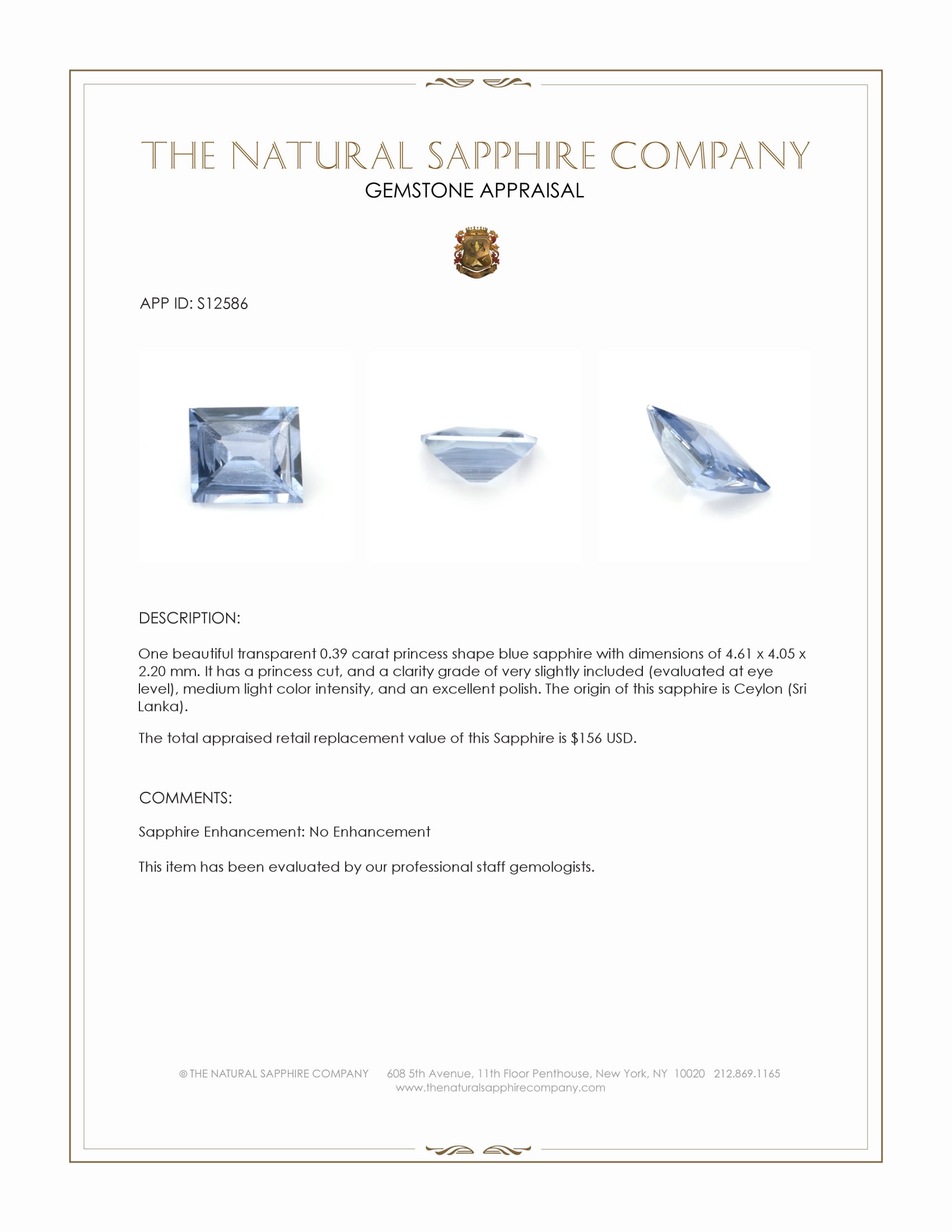 0.39 Ct. Blue Sapphire from Ceylon (Sri Lanka)