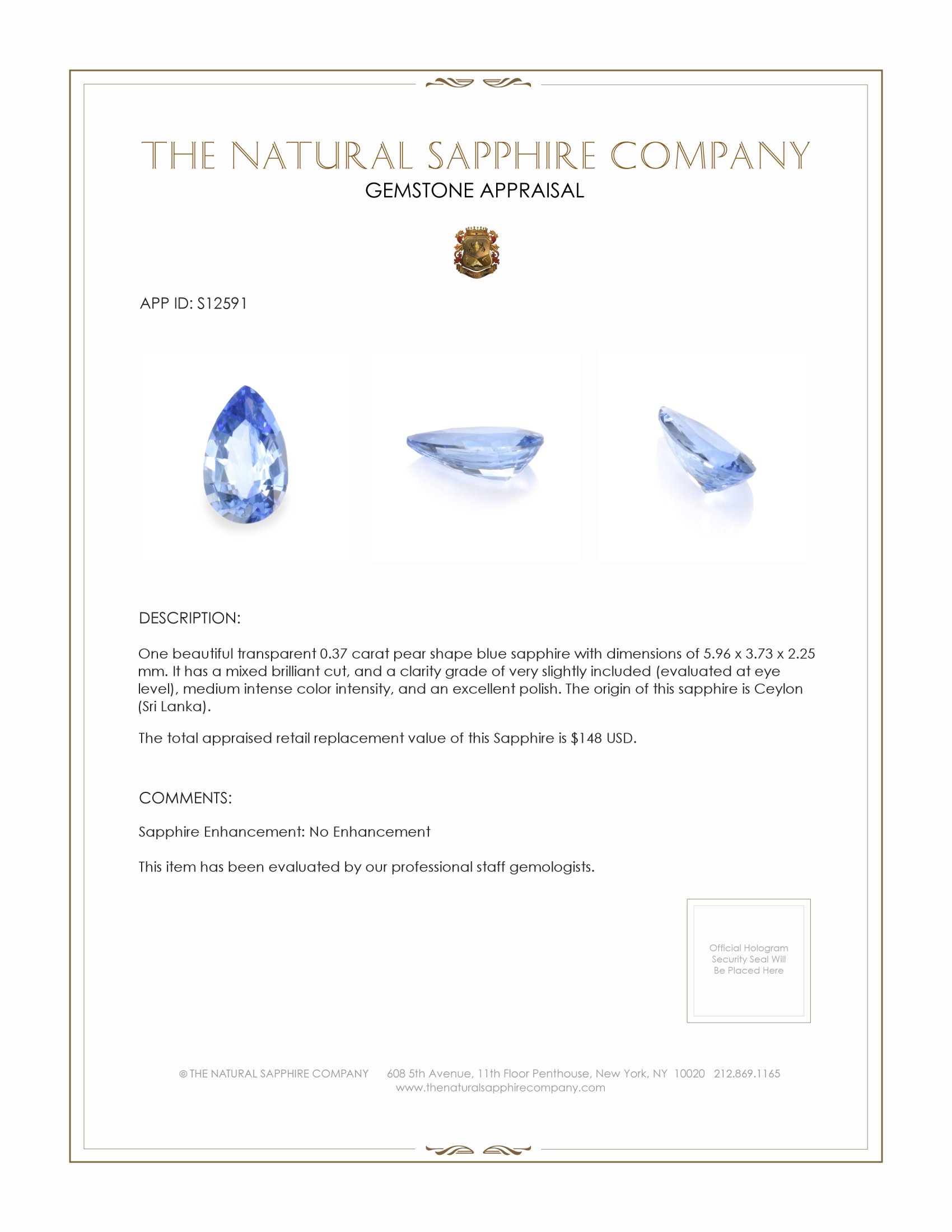 0.37 Ct. Blue Sapphire from Ceylon (Sri Lanka)