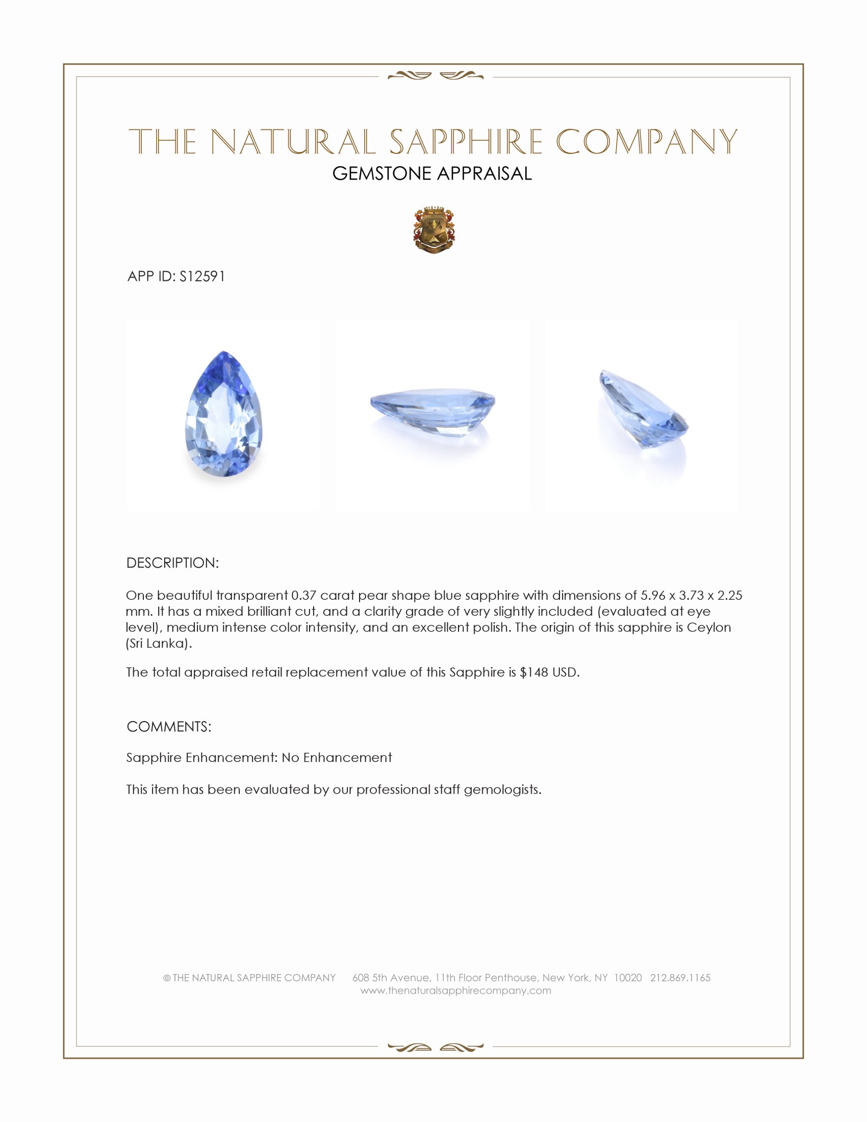 0.37 Ct. Blue Sapphire from Ceylon (Sri Lanka)