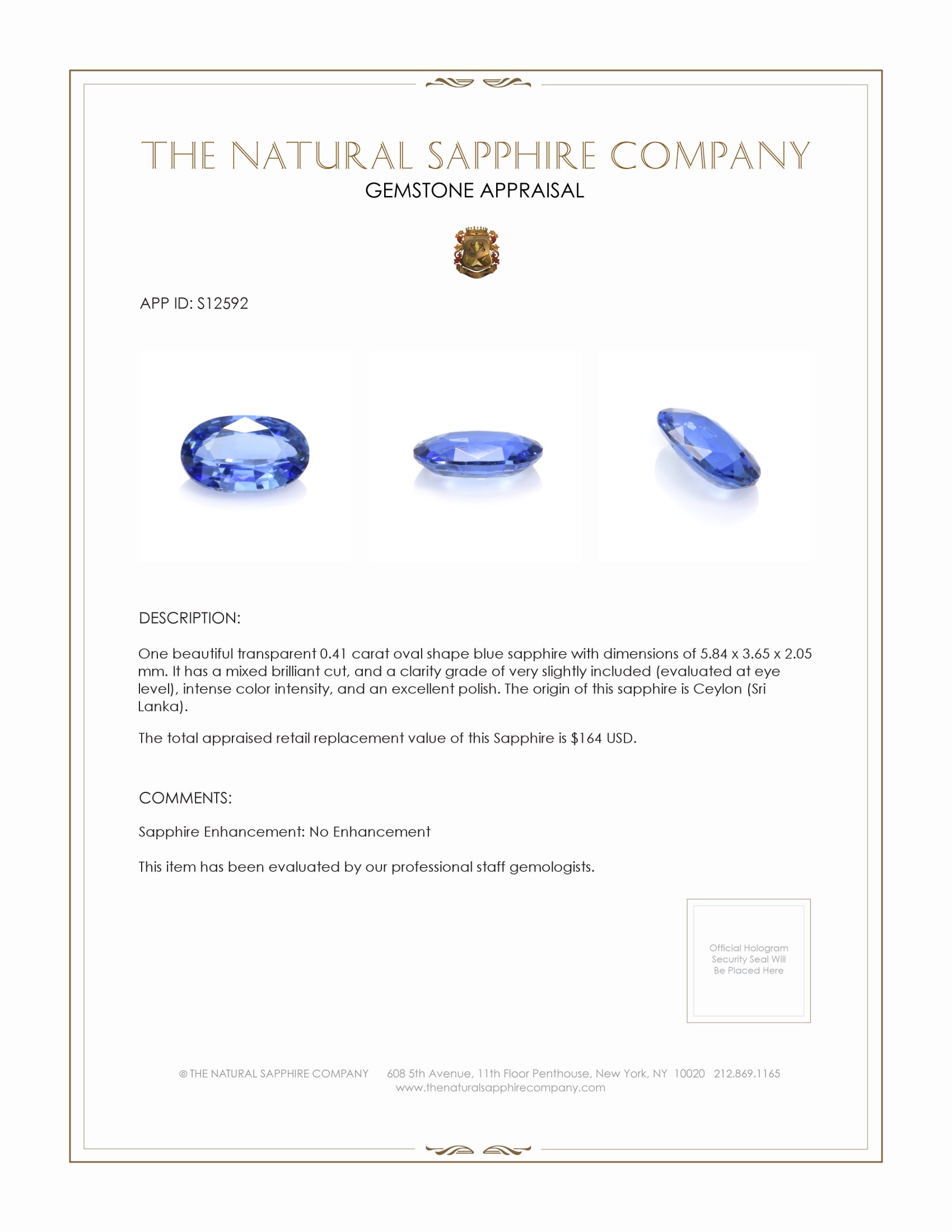 0.41 Ct. Blue Sapphire from Ceylon (Sri Lanka)