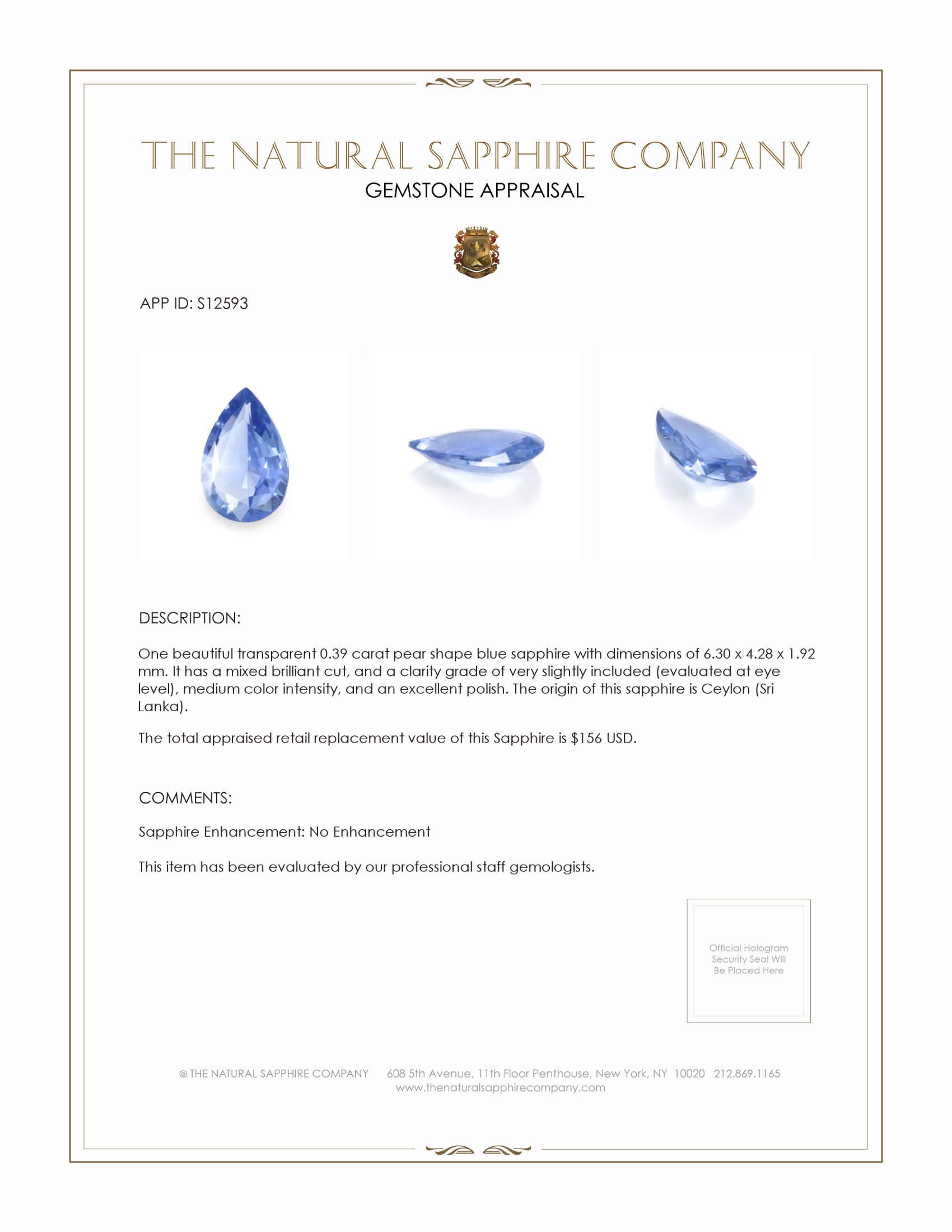 0.39 Ct. Blue Sapphire from Ceylon (Sri Lanka)