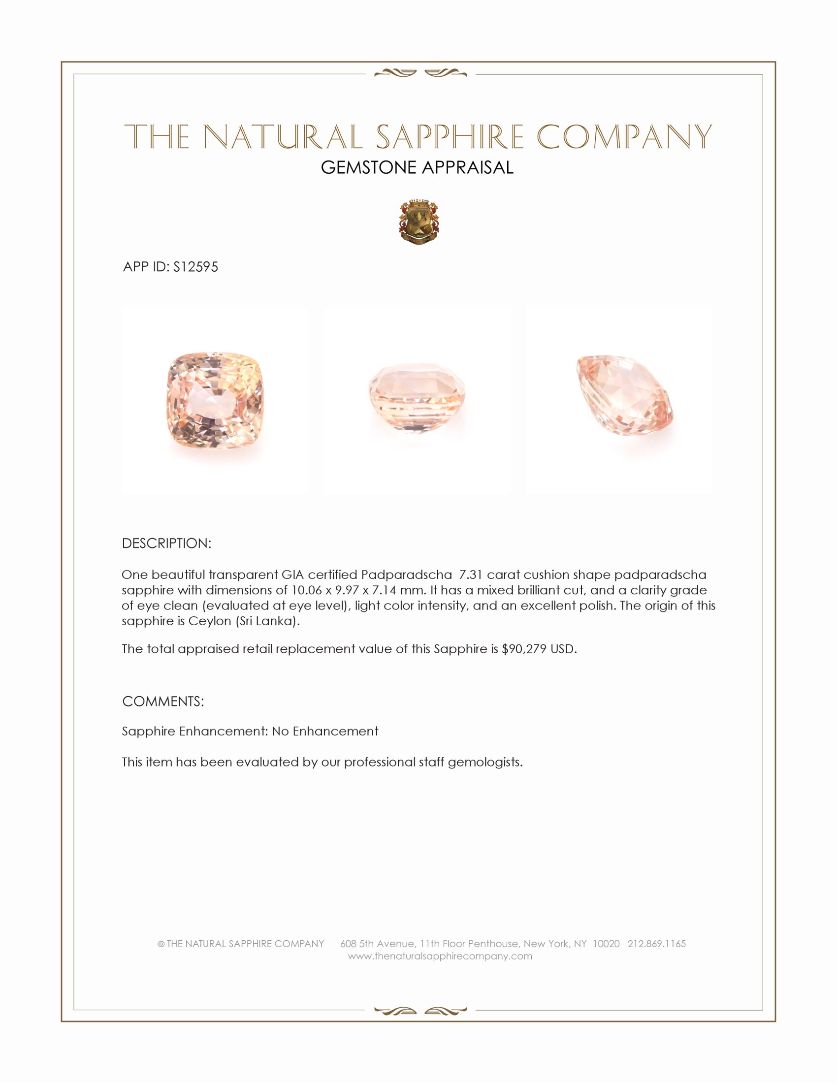 7.31 Ct. Padparadscha Sapphire from Ceylon (Sri Lanka)