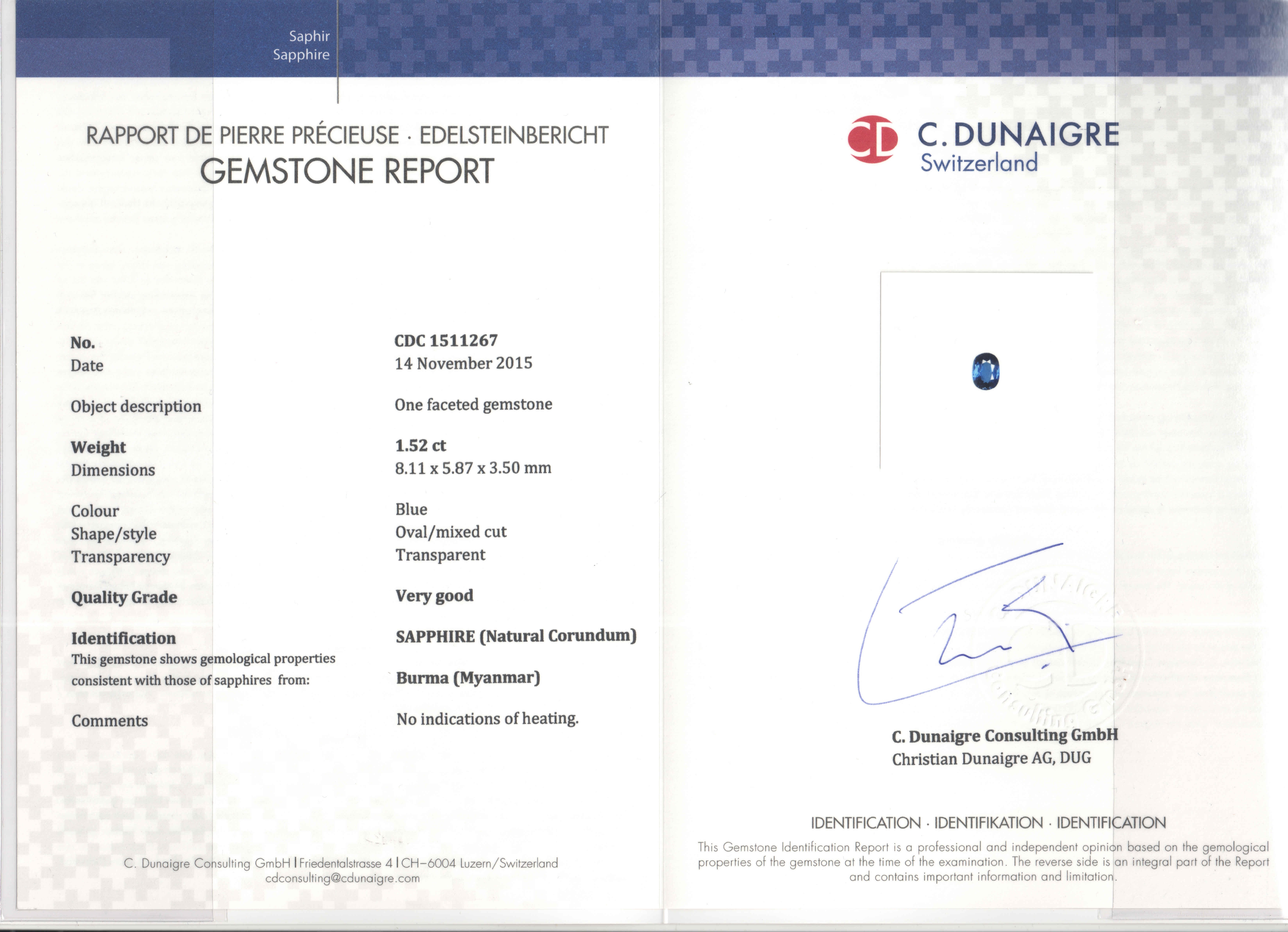 1.52 Ct. Blue Sapphire from Burma (Myanmar)