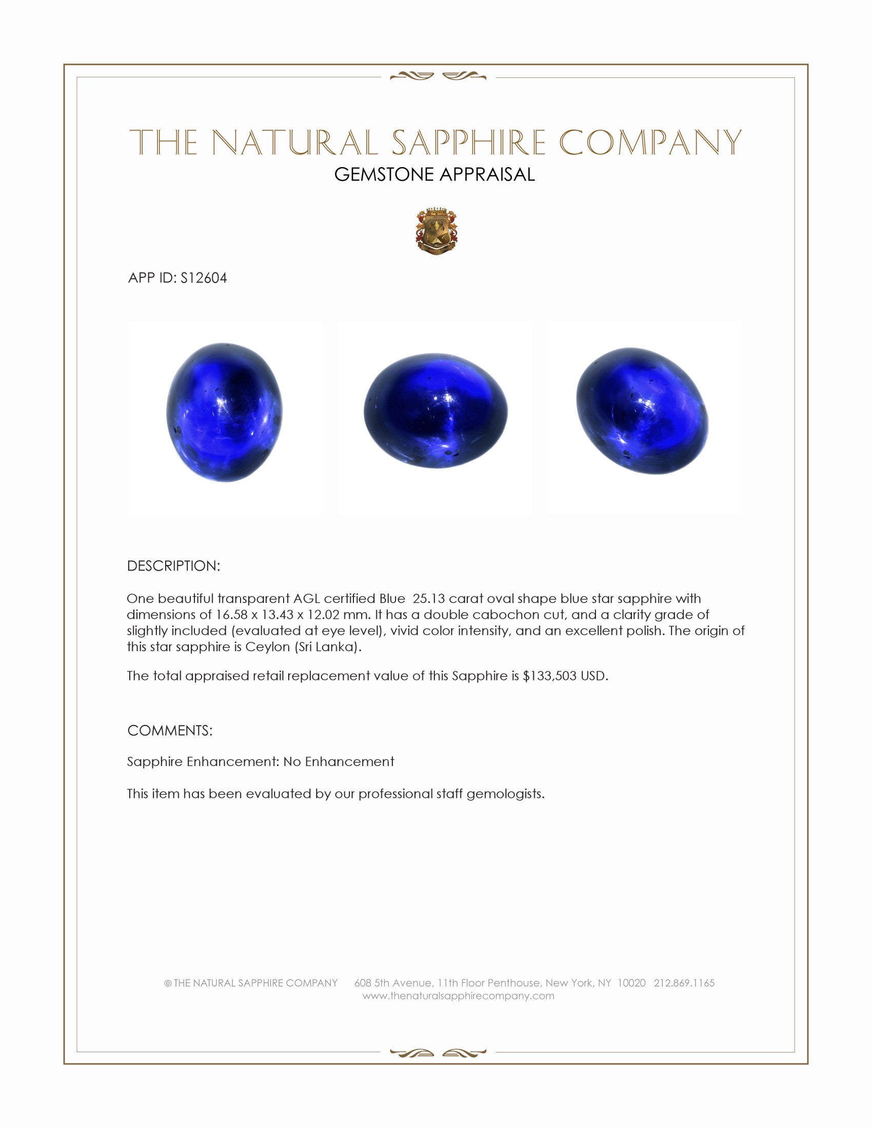 25.13 Ct. Blue Star Sapphire from Ceylon (Sri Lanka)