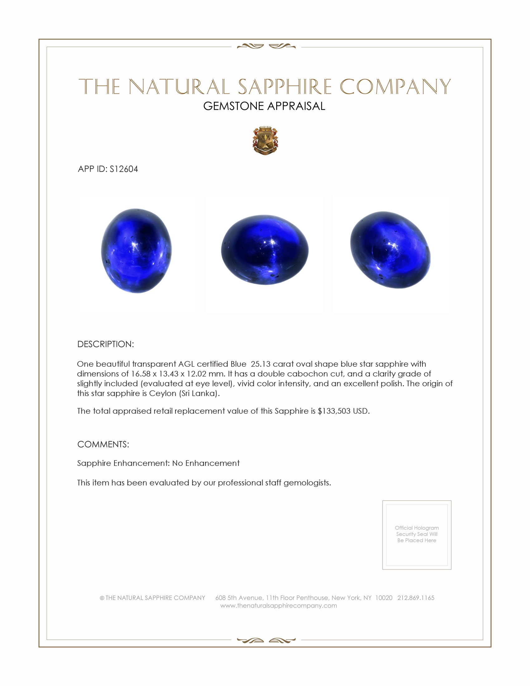 25.13 Ct. Blue Star Sapphire from Ceylon (Sri Lanka)