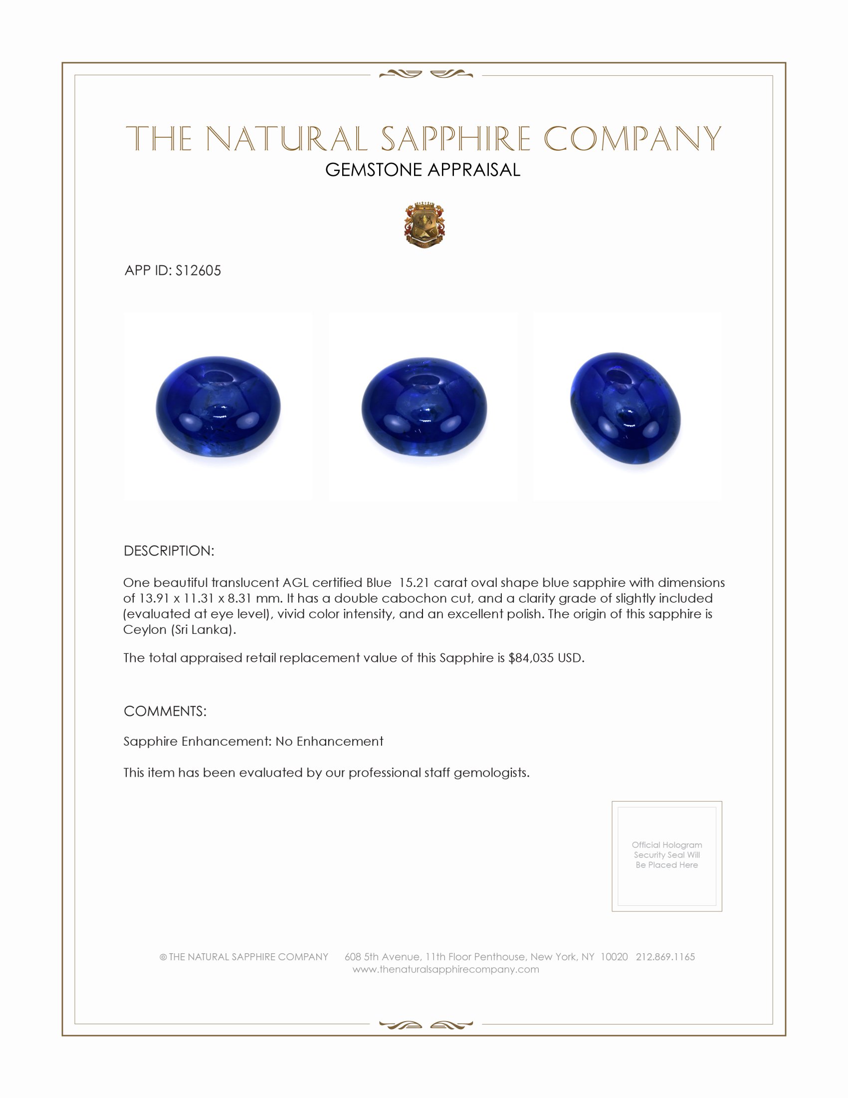 15.21 Ct. Blue Cabochon Sapphire from Ceylon (Sri Lanka)