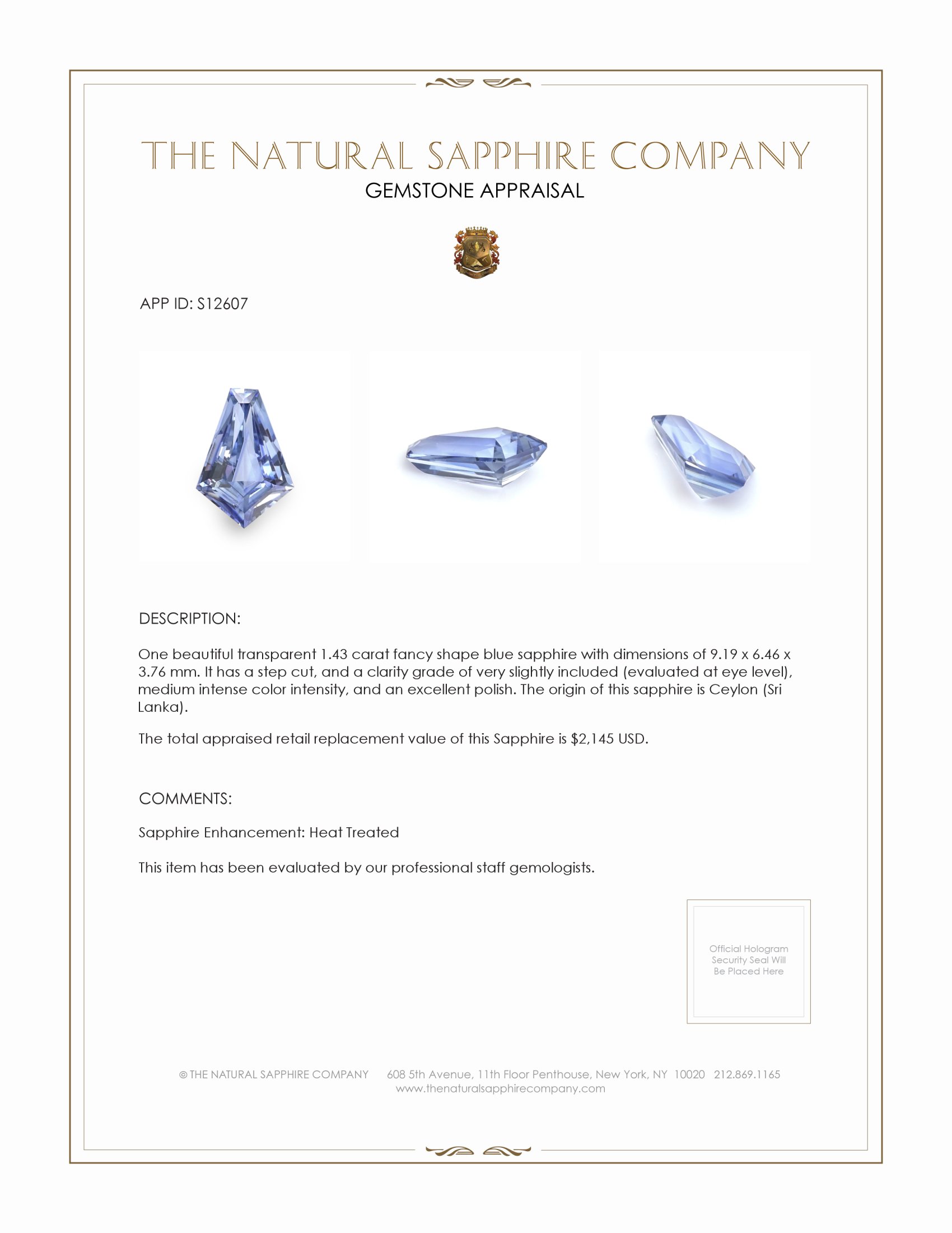 1.43 Ct. Blue Sapphire from Ceylon (Sri Lanka)