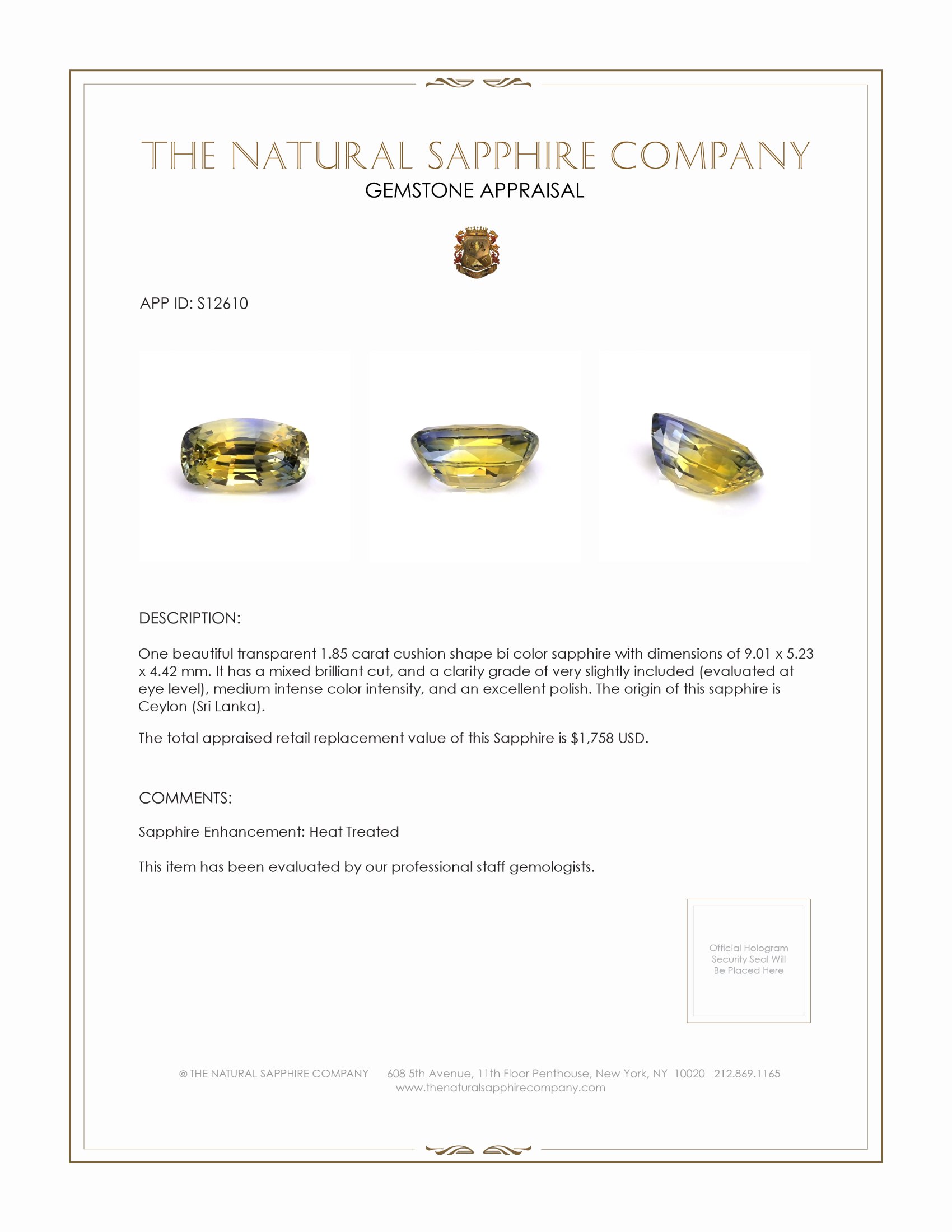 1.85 Ct. Bi Color Sapphire from Ceylon (Sri Lanka)