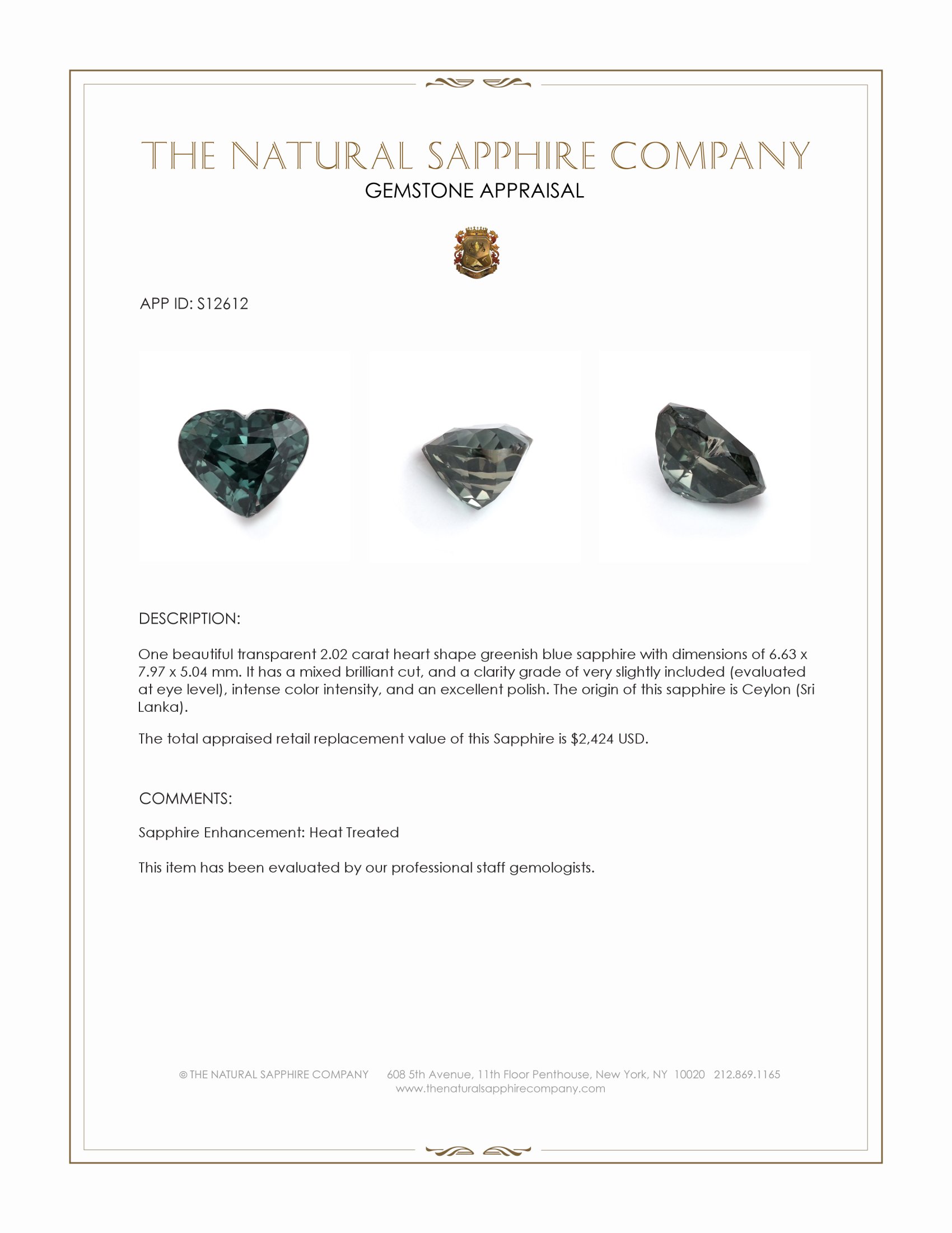 2.02 Ct. Greenish Blue Sapphire from Ceylon (Sri Lanka)
