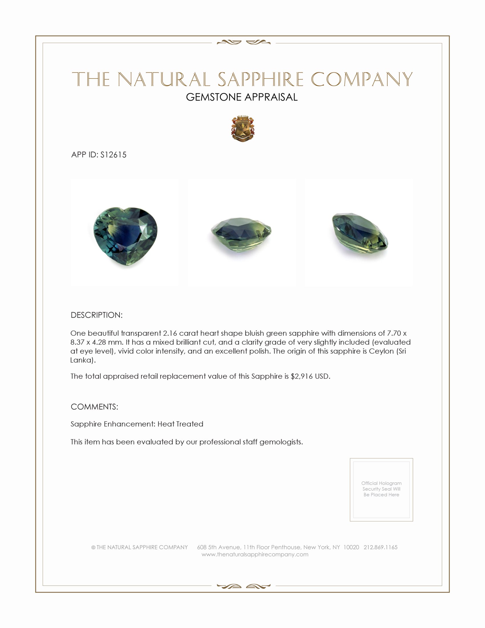 2.16 Ct. Bluish Green Sapphire from Ceylon (Sri Lanka)