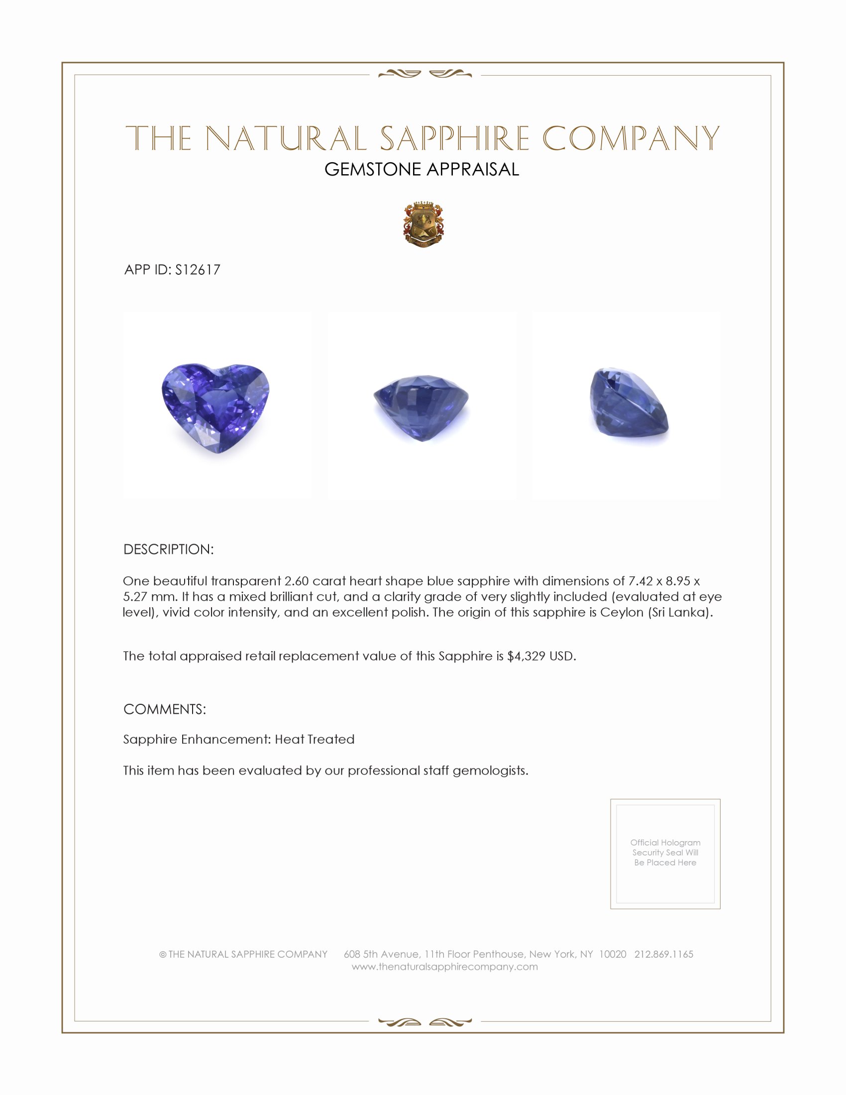2.60 Ct. Blue Sapphire from Ceylon (Sri Lanka)