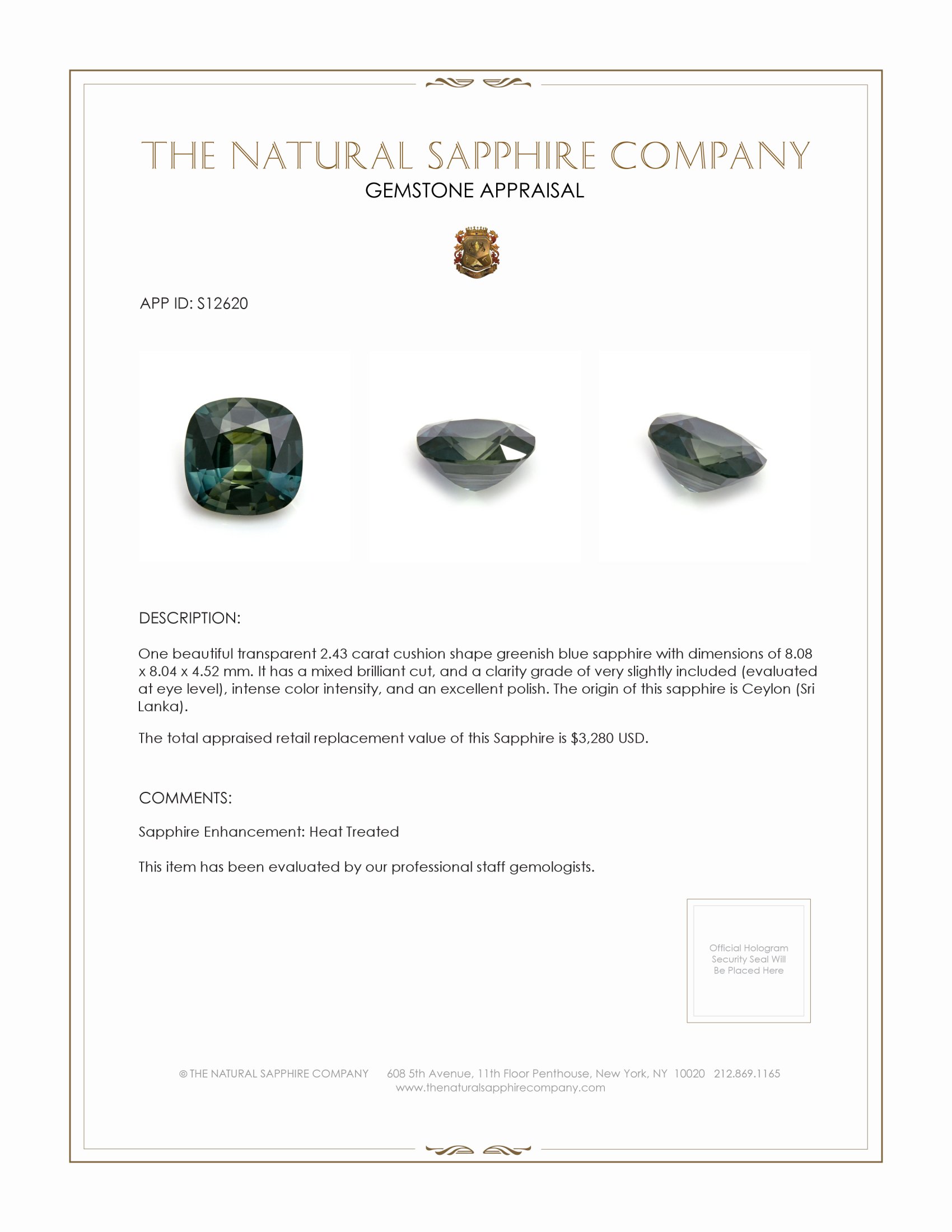 2.43 Ct. Greenish Blue Sapphire from Ceylon (Sri Lanka)