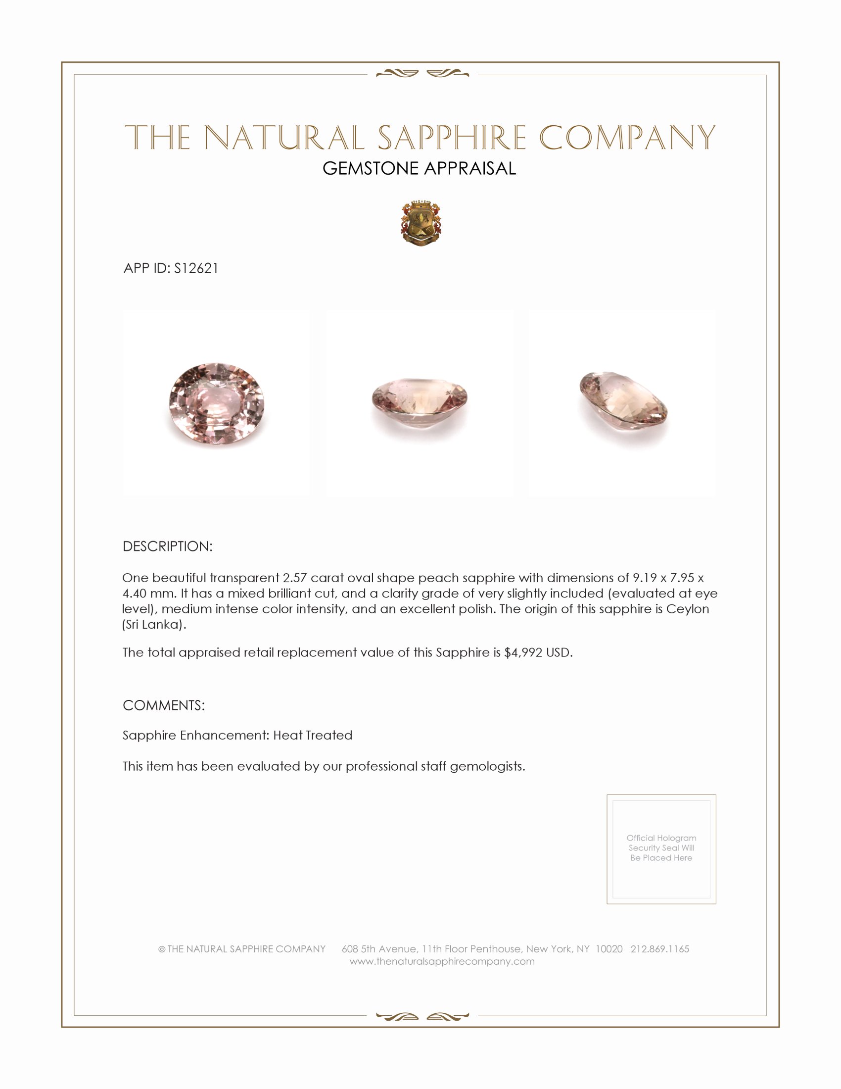 2.57 Ct. Peach Sapphire from Ceylon (Sri Lanka)