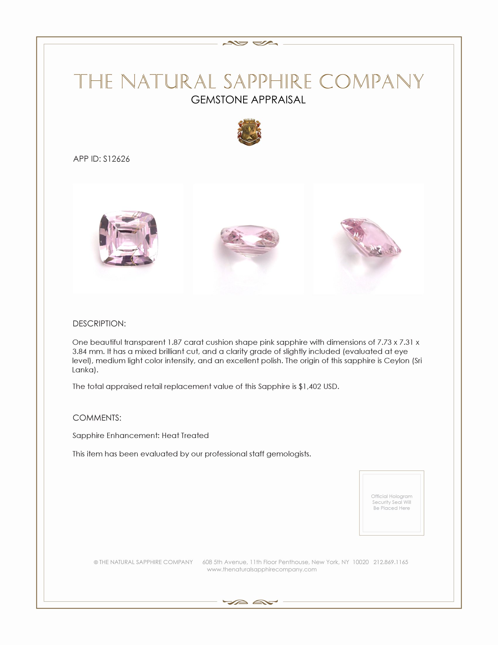 1.87 Ct. Pink Sapphire from Ceylon (Sri Lanka)