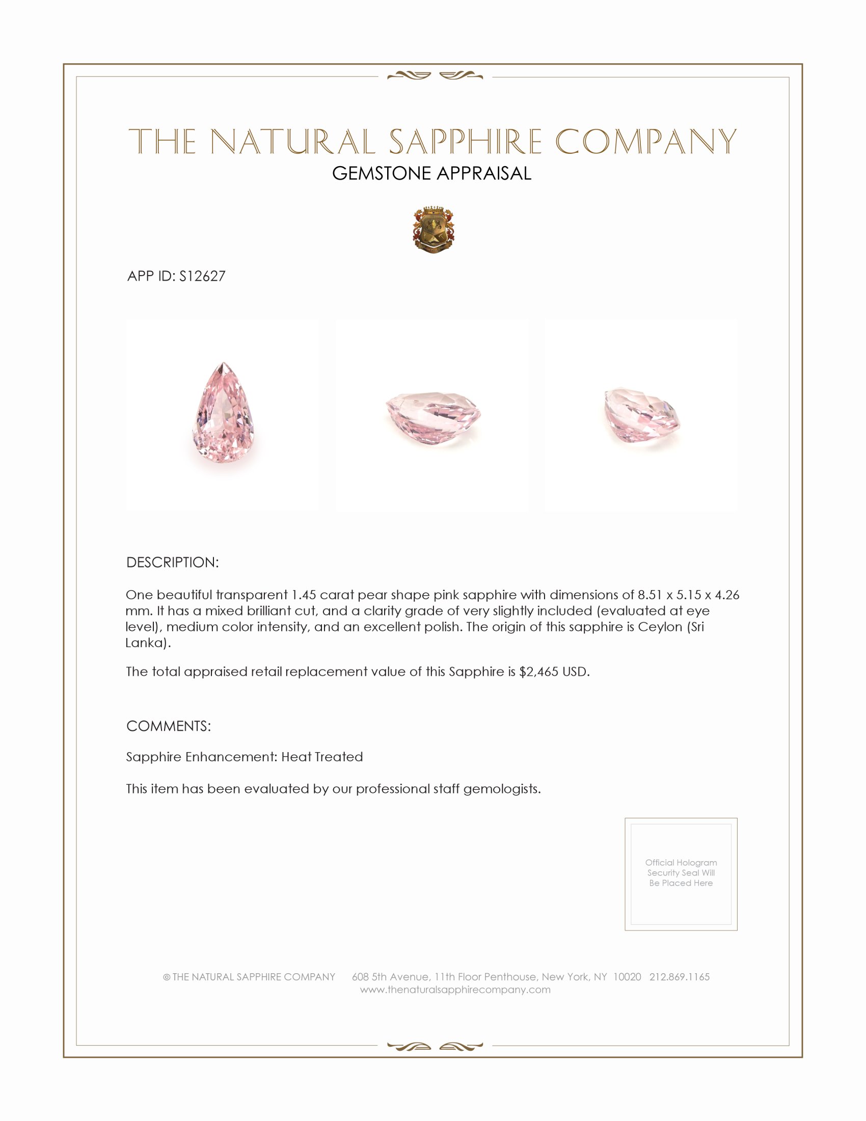 1.45 Ct. Pink Sapphire from Ceylon (Sri Lanka)