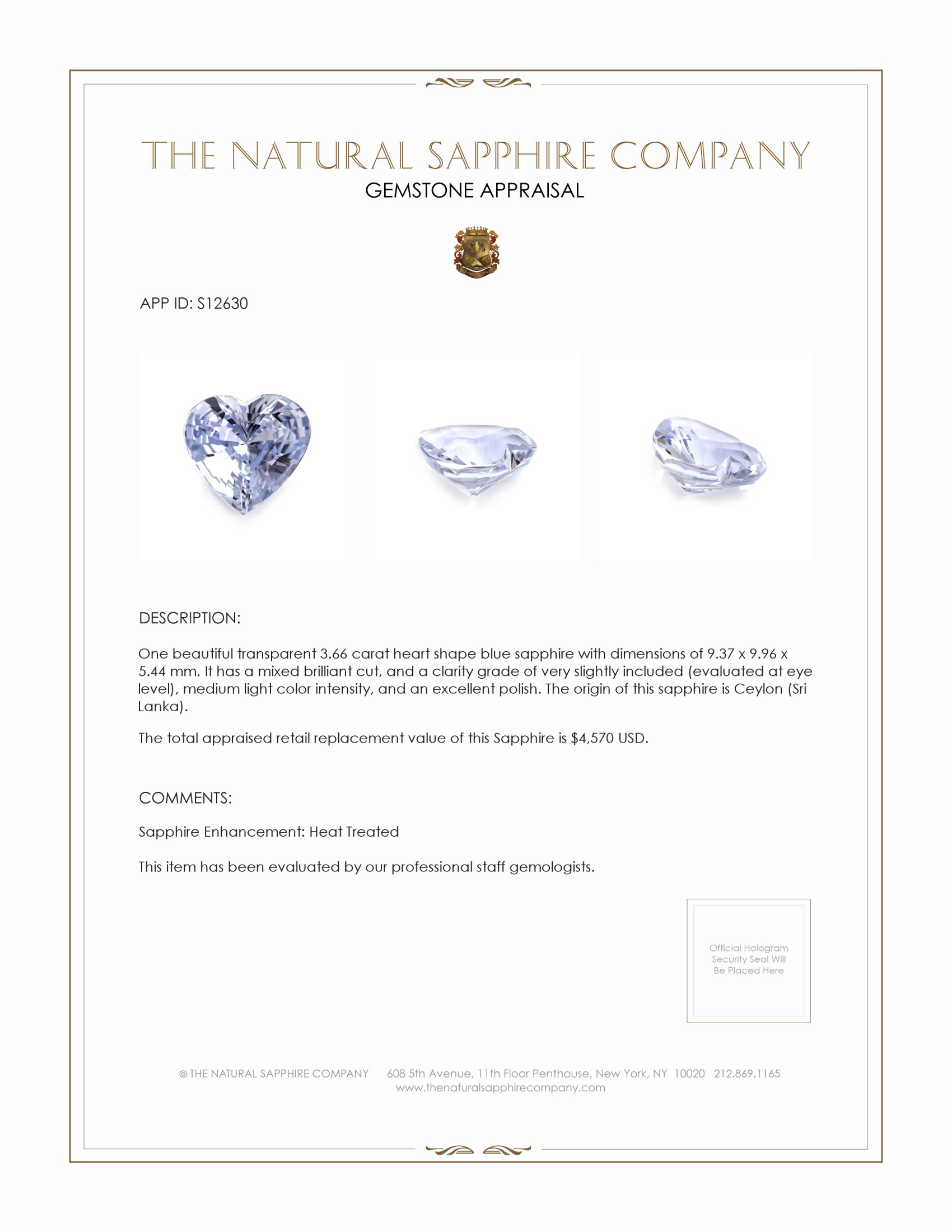 3.66 Ct. Blue Sapphire from Ceylon (Sri Lanka)