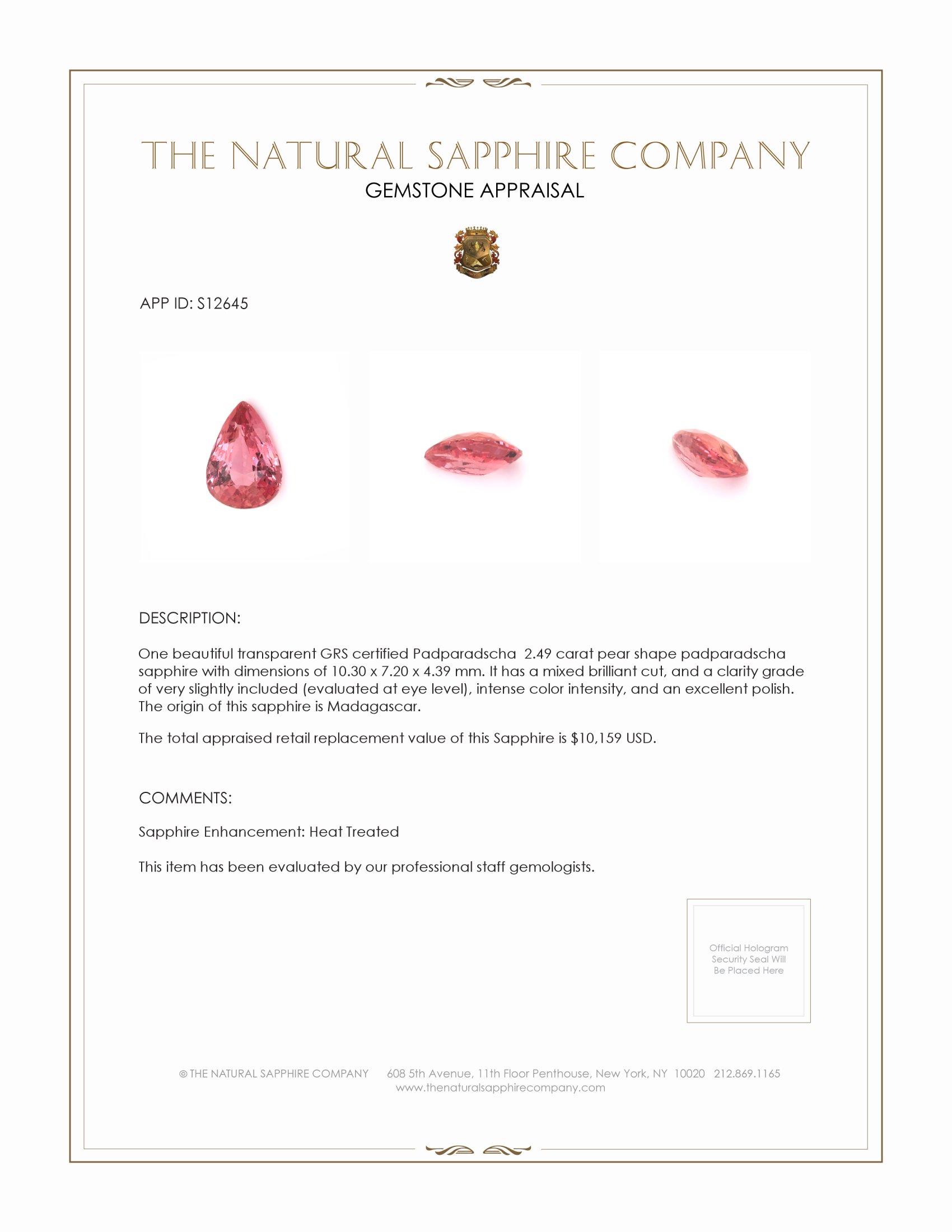 2.49 Ct. Padparadscha Sapphire from Madagascar