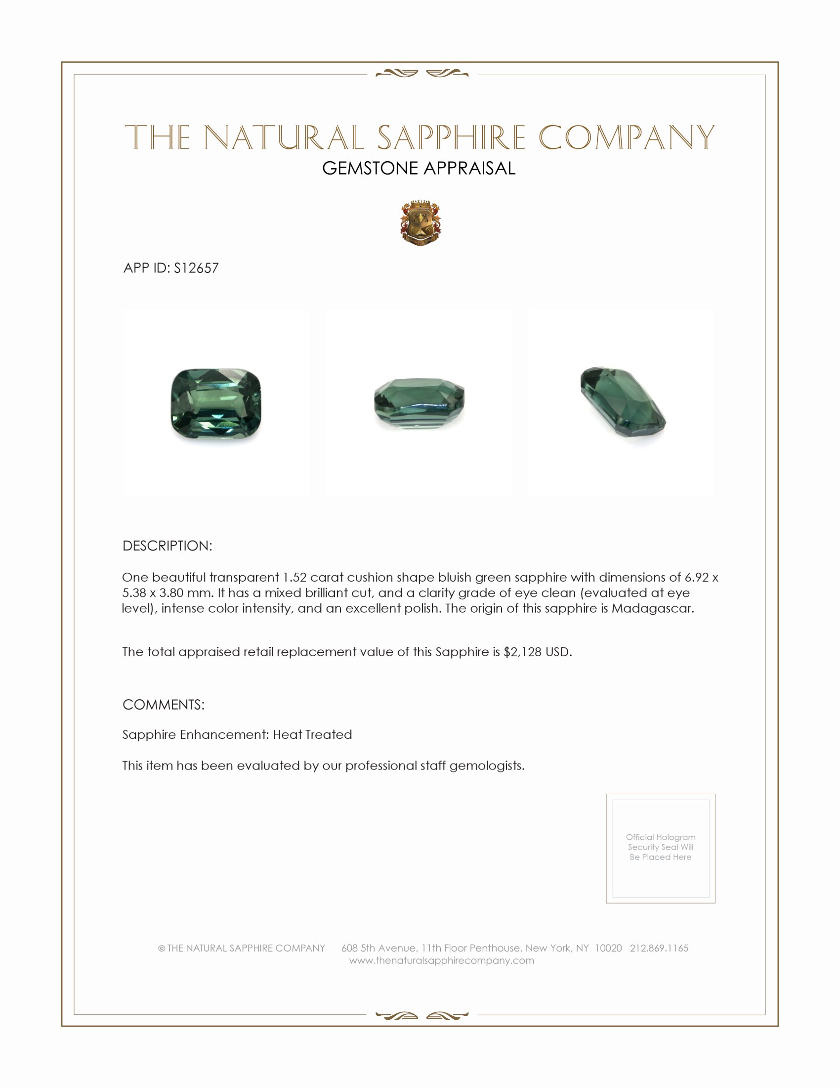 1.52 Ct. Bluish Green Sapphire from Madagascar