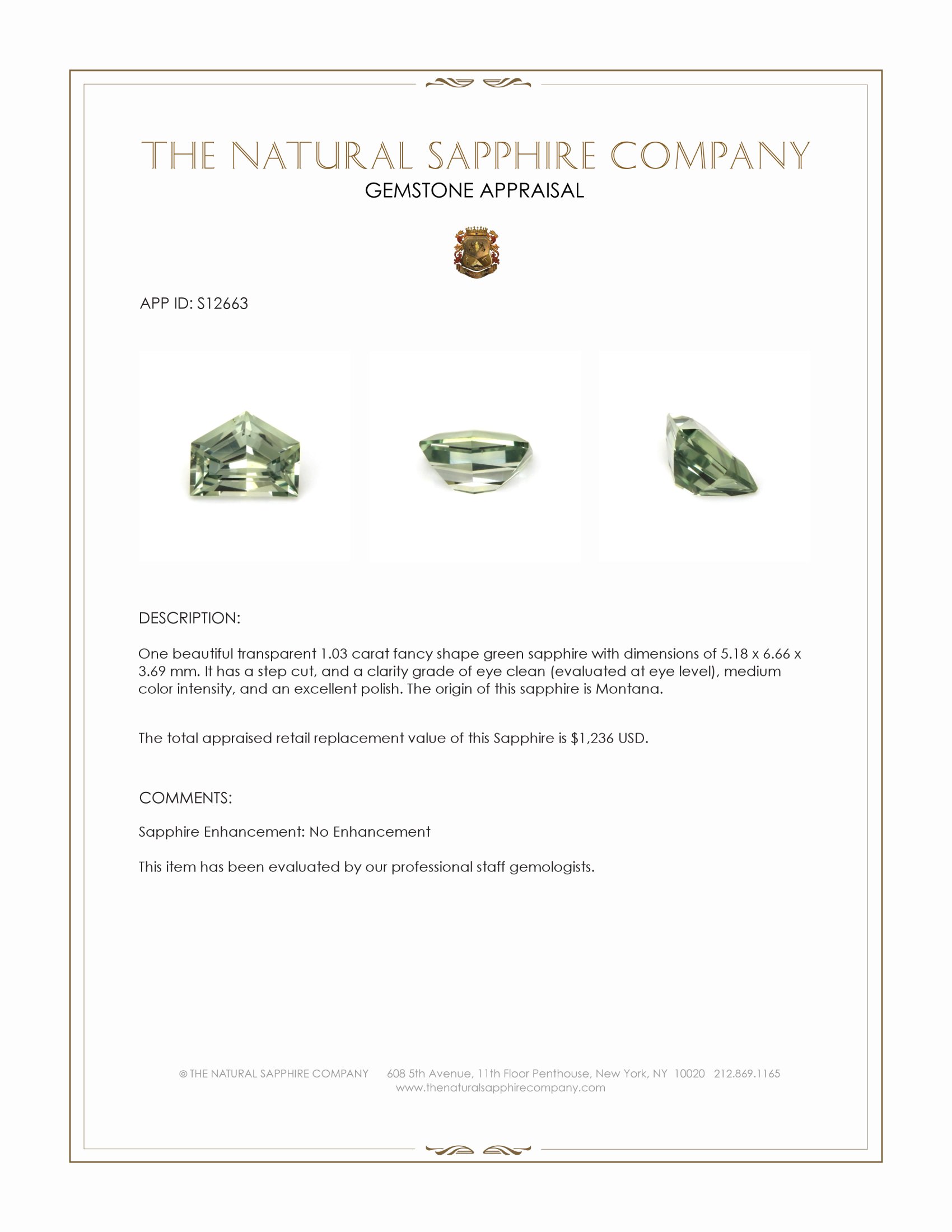 1.03 Ct. Green Sapphire from Montana
