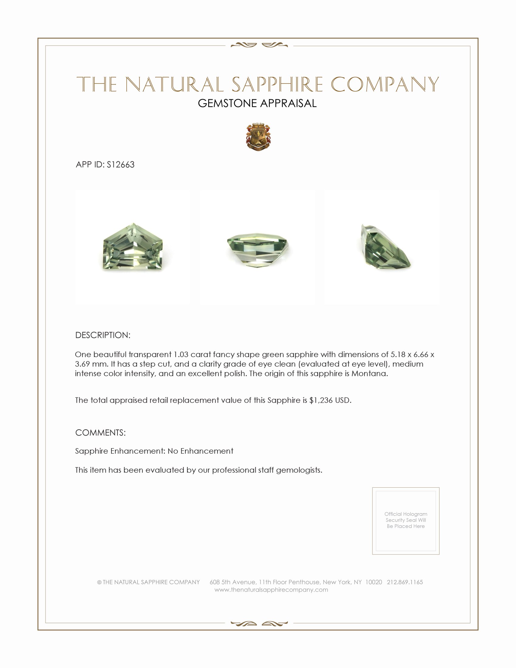 1.03 Ct. Green Sapphire from Montana