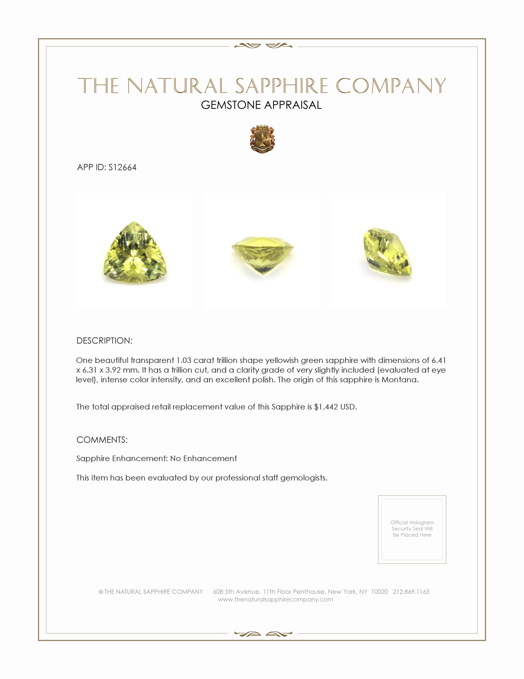 1.03 Ct. Yellowish Green Sapphire from Montana