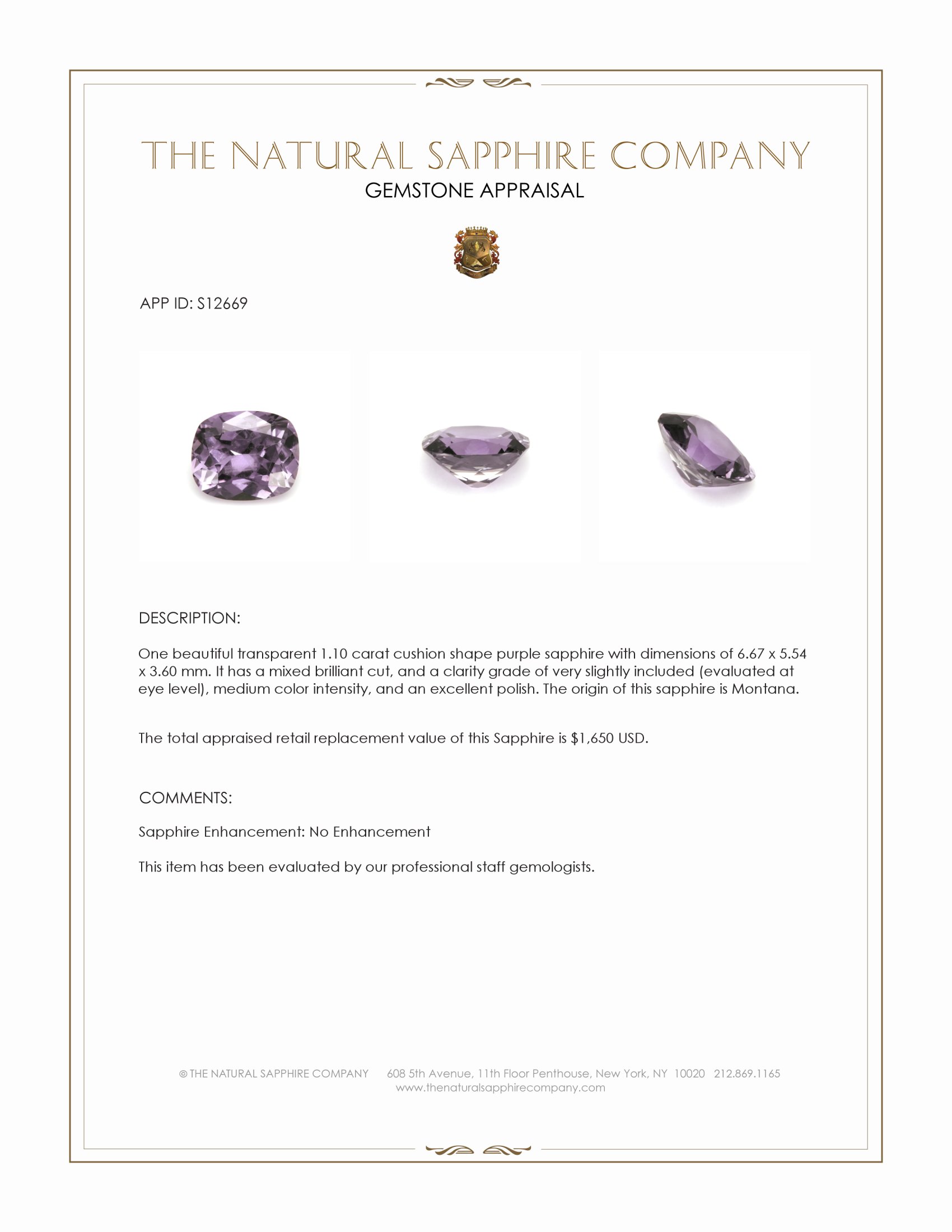 1.10 Ct. Purple Sapphire from Montana