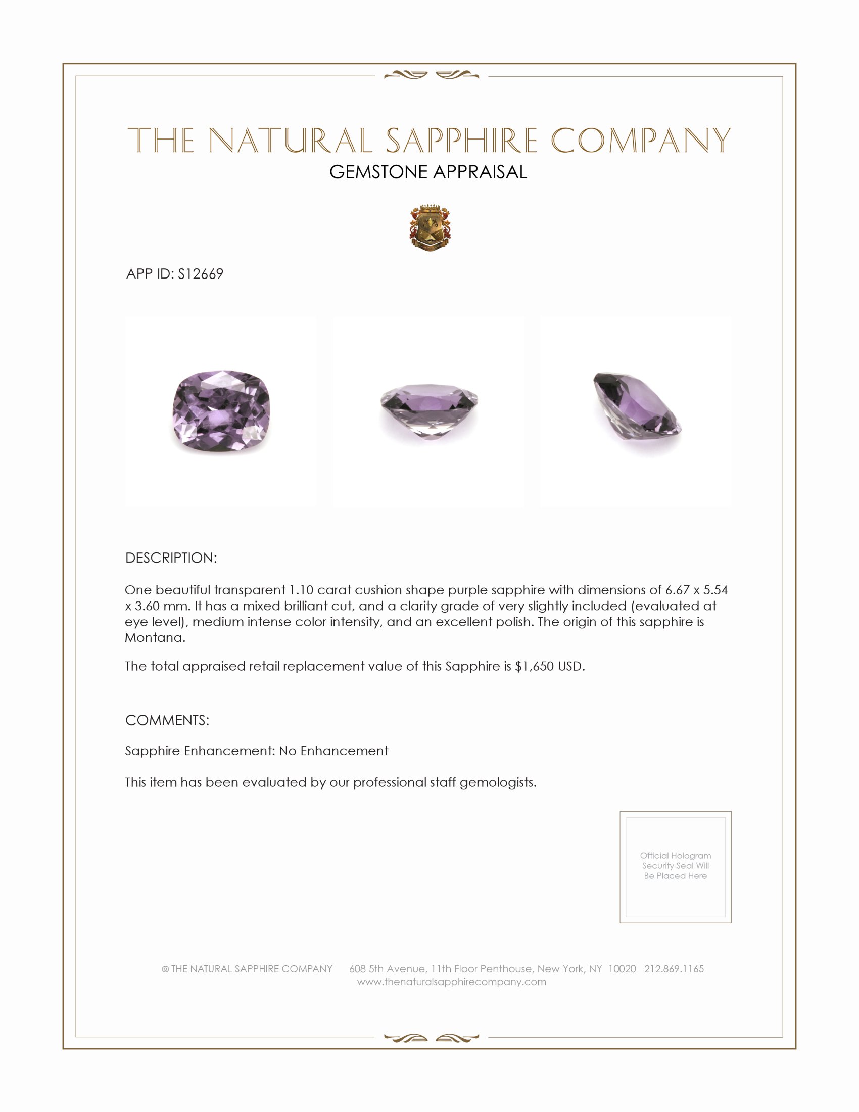 1.10 Ct. Purple Sapphire from Montana