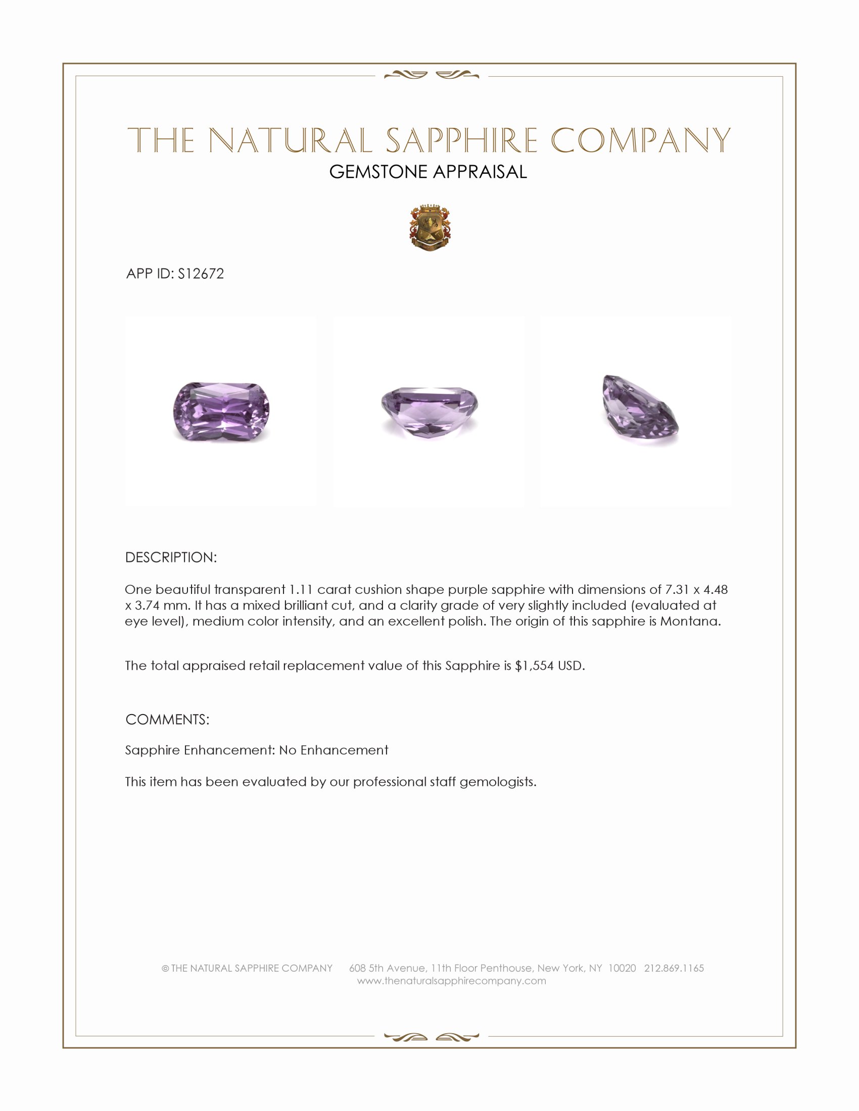 1.11 Ct. Purple Sapphire from Montana