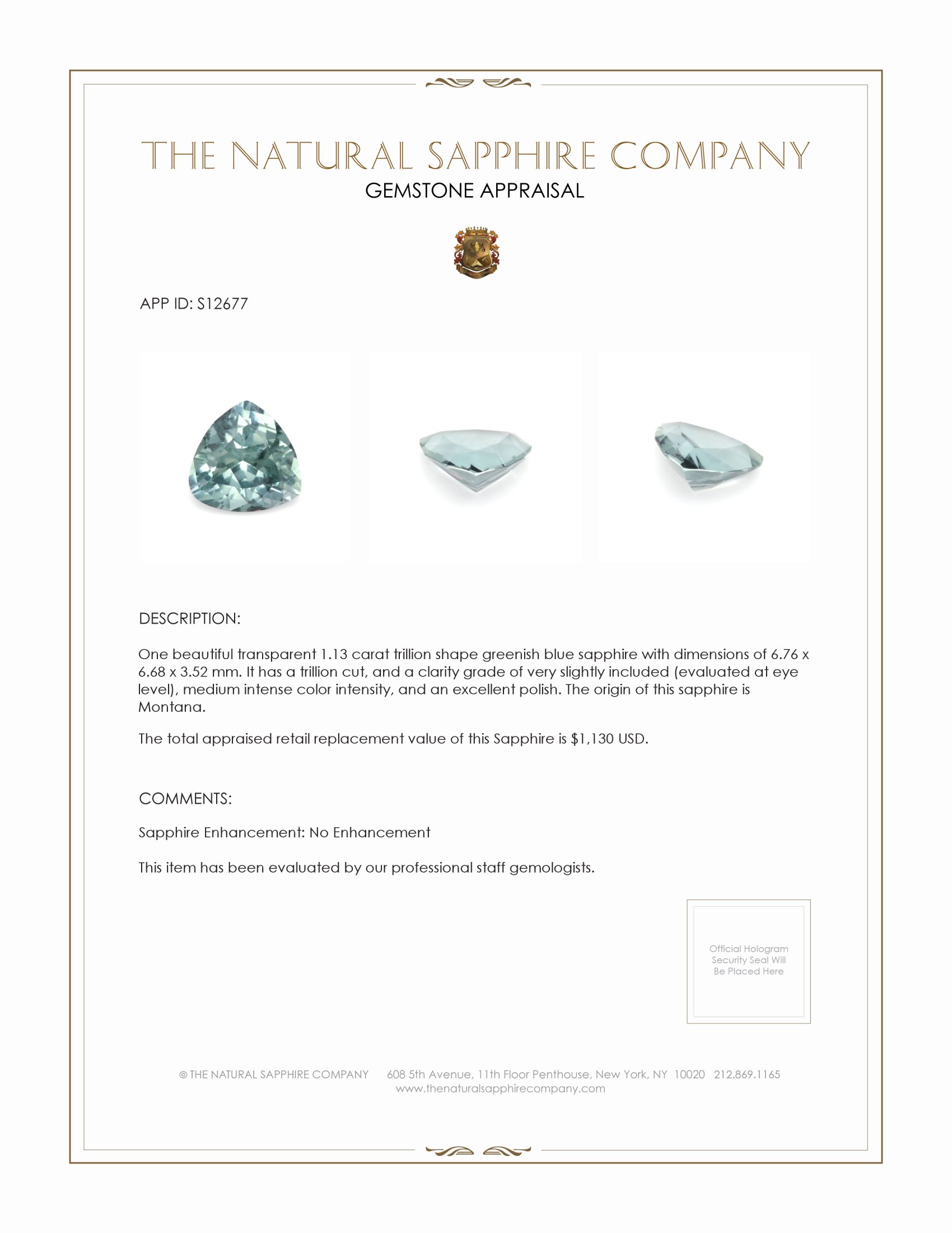 1.13 Ct. Greenish Blue Sapphire from Montana