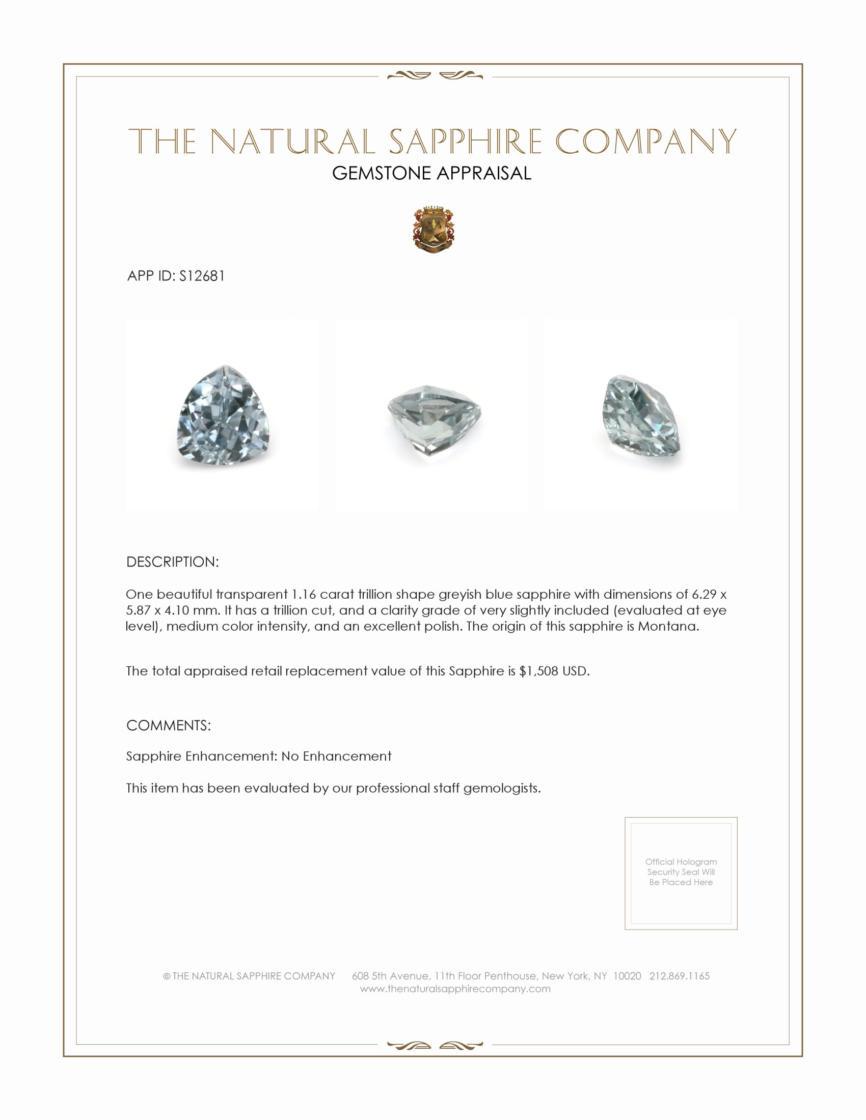 1.16 Ct. Greyish Blue Sapphire from Montana