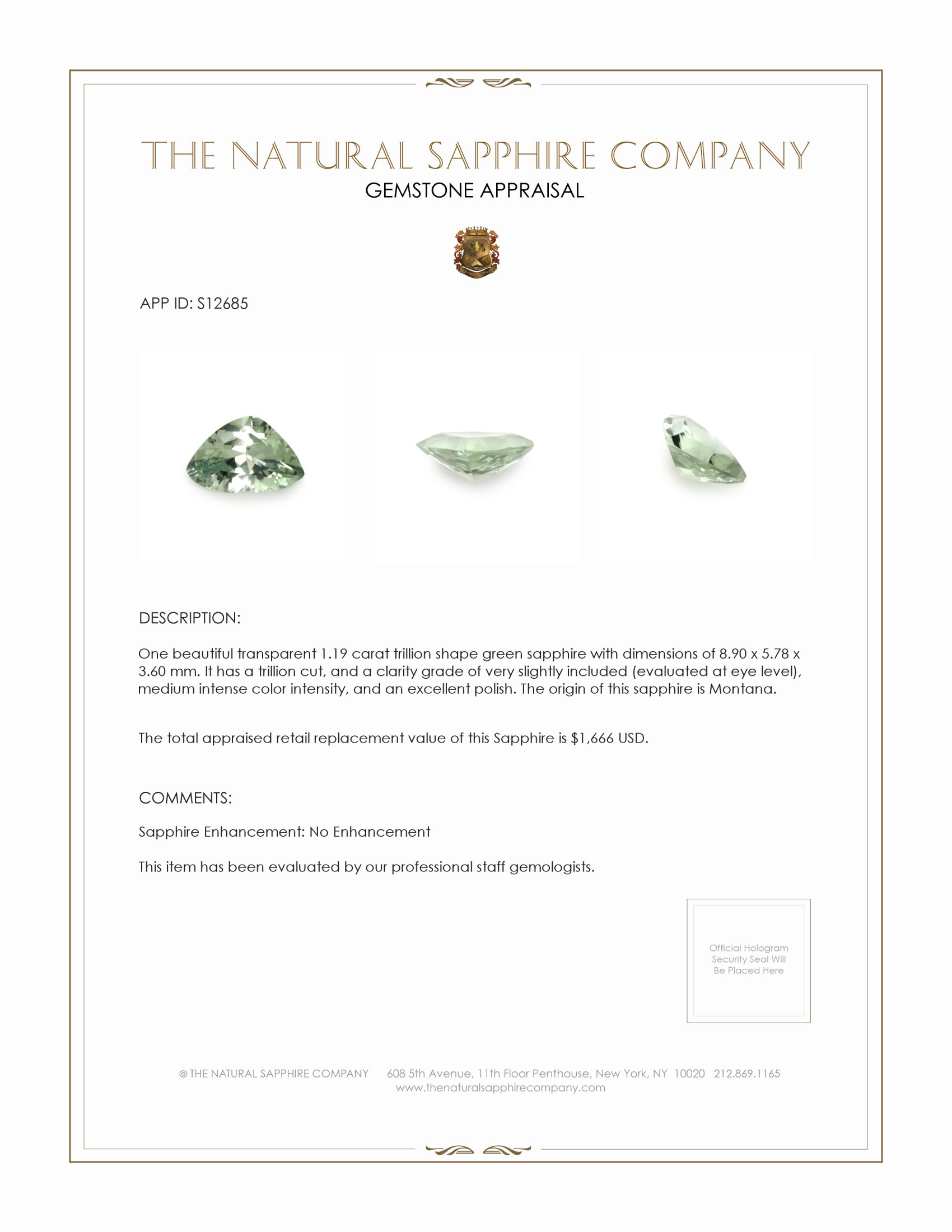 1.19 Ct. Green Sapphire from Montana