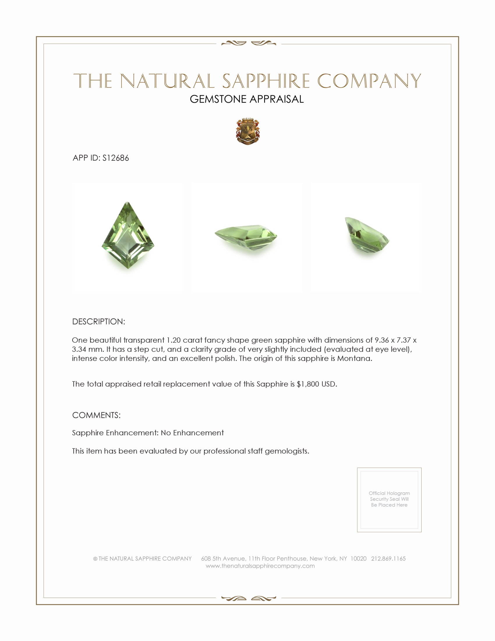 1.20 Ct. Green Sapphire from Montana