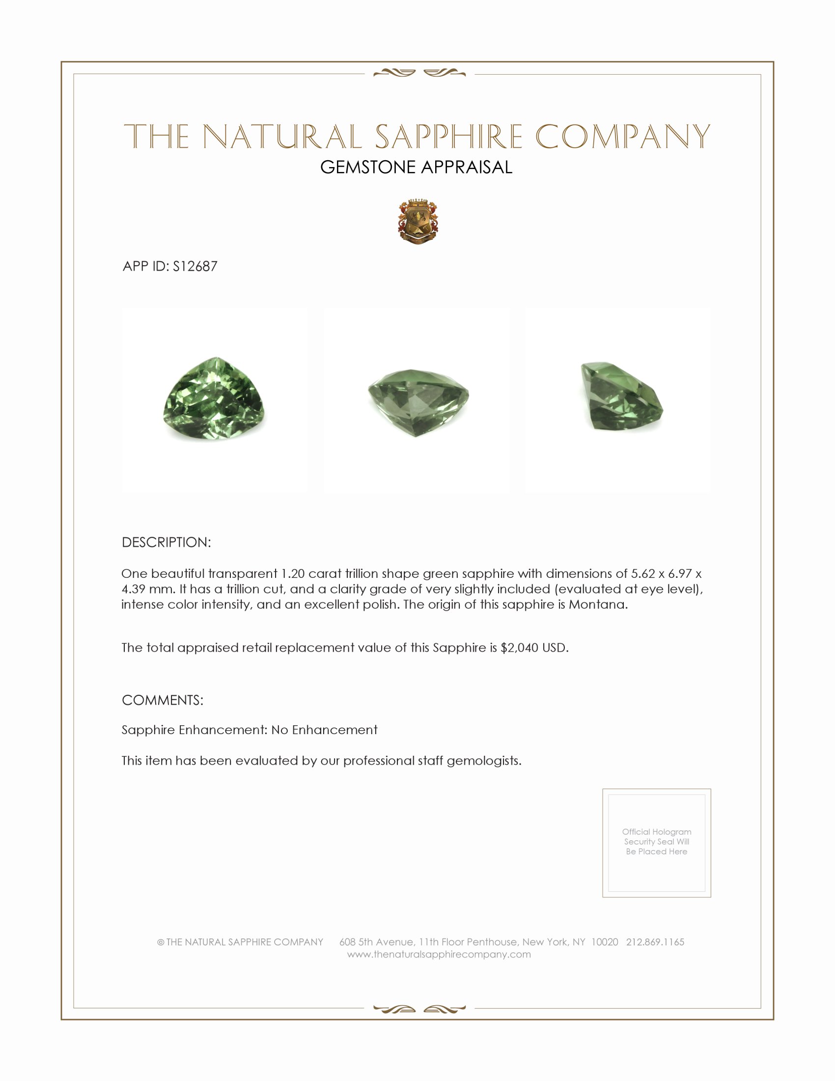 1.20 Ct. Green Sapphire from Montana