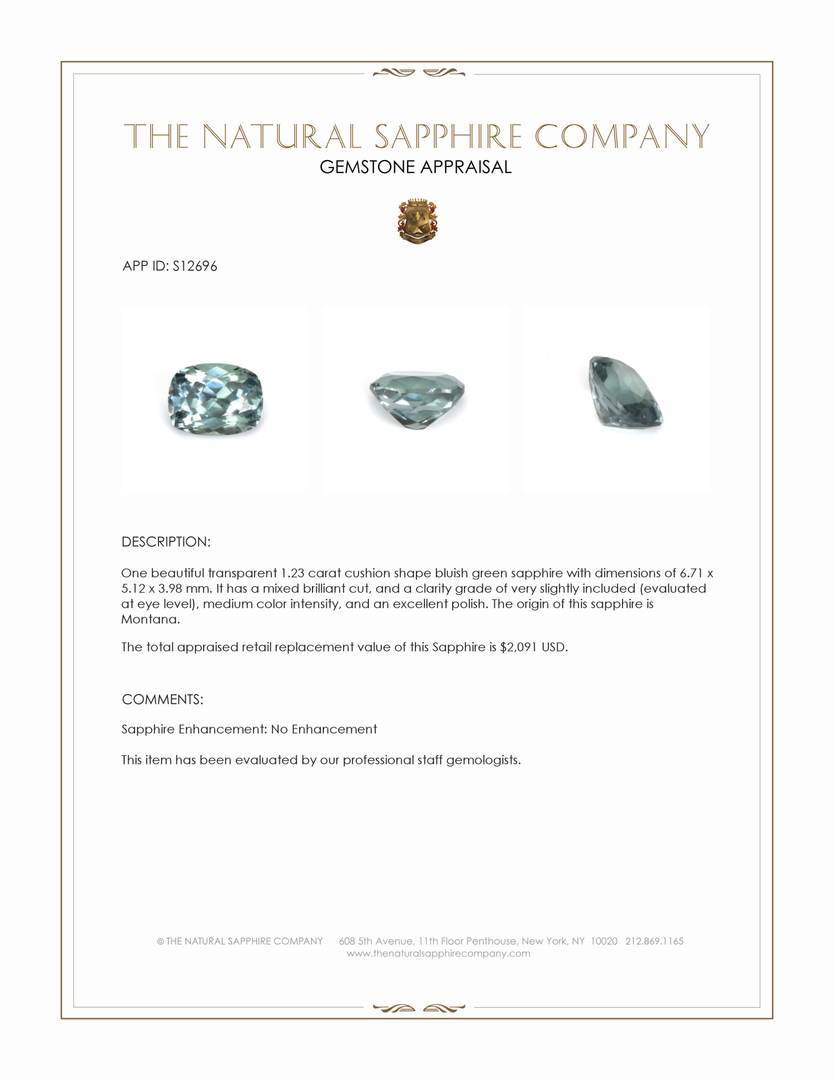 1.23 Ct. Bluish Green Sapphire from Montana