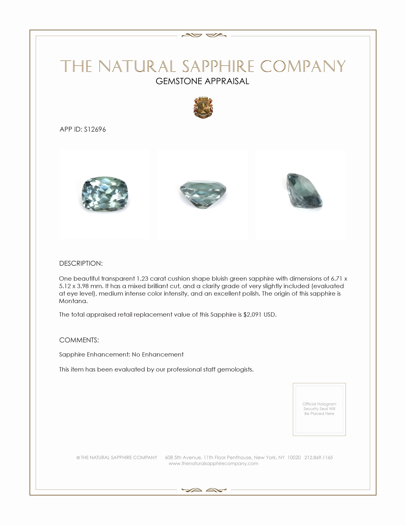 1.23 Ct. Bluish Green Sapphire from Montana