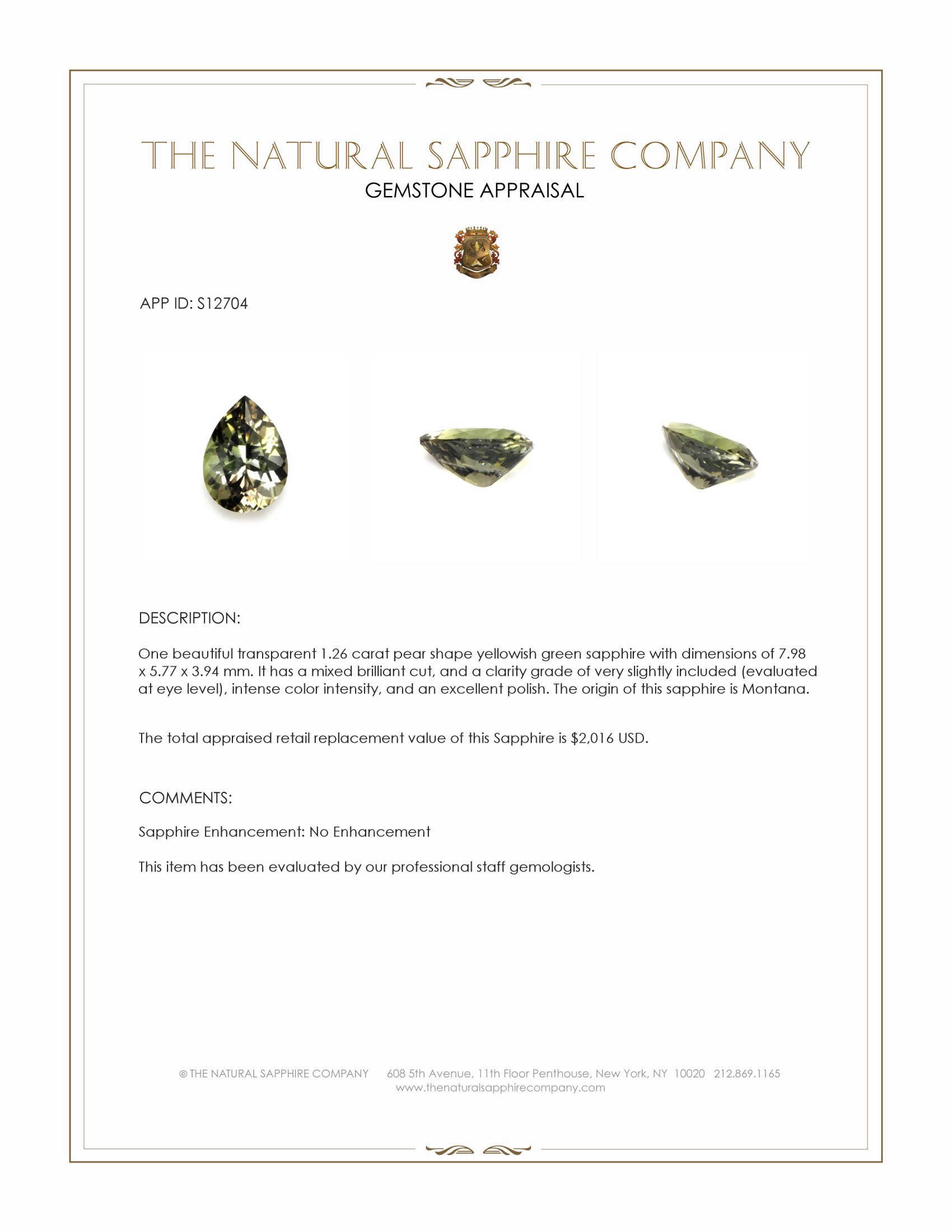 1.26 Ct. Yellowish Green Sapphire from Montana