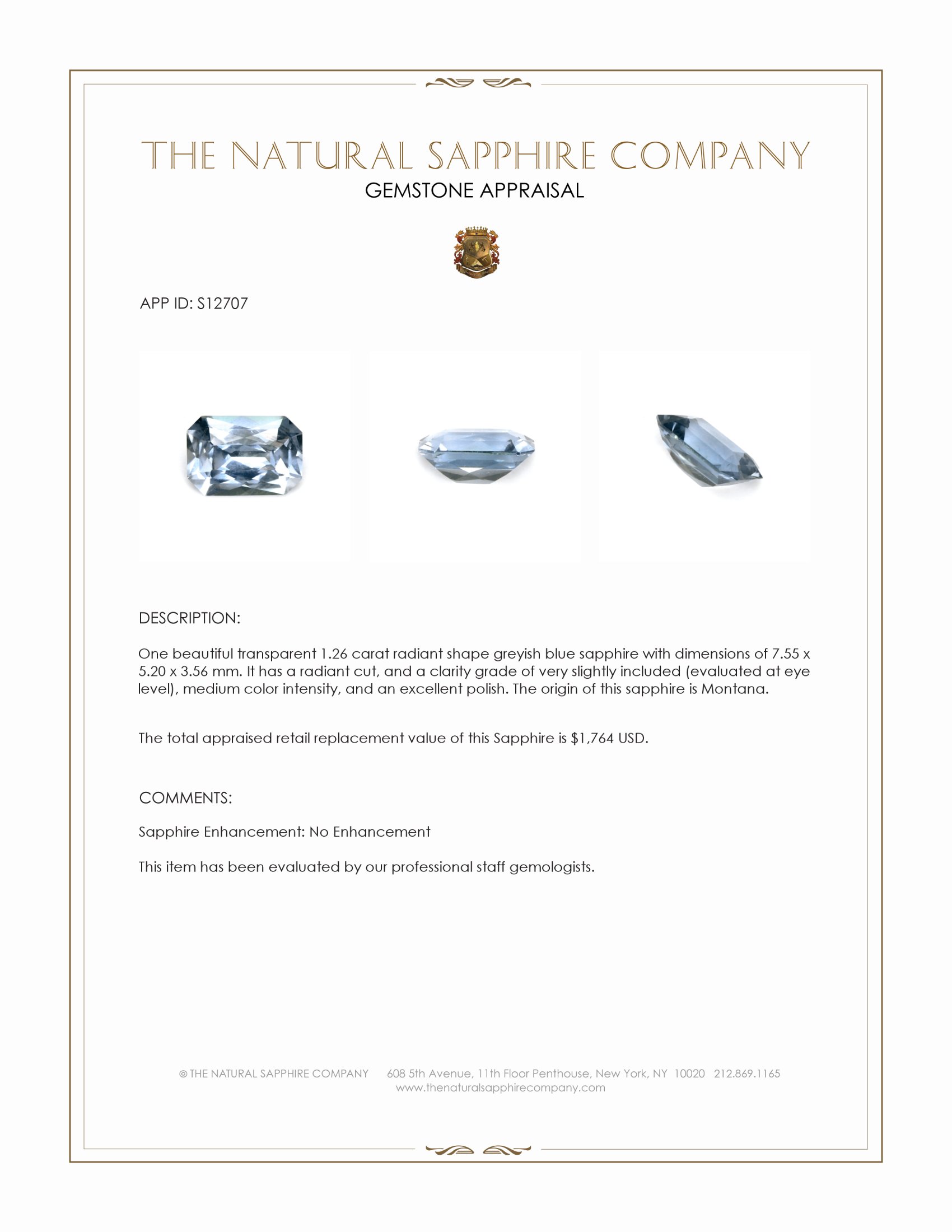 1.26 Ct. Greyish Blue Sapphire from Montana