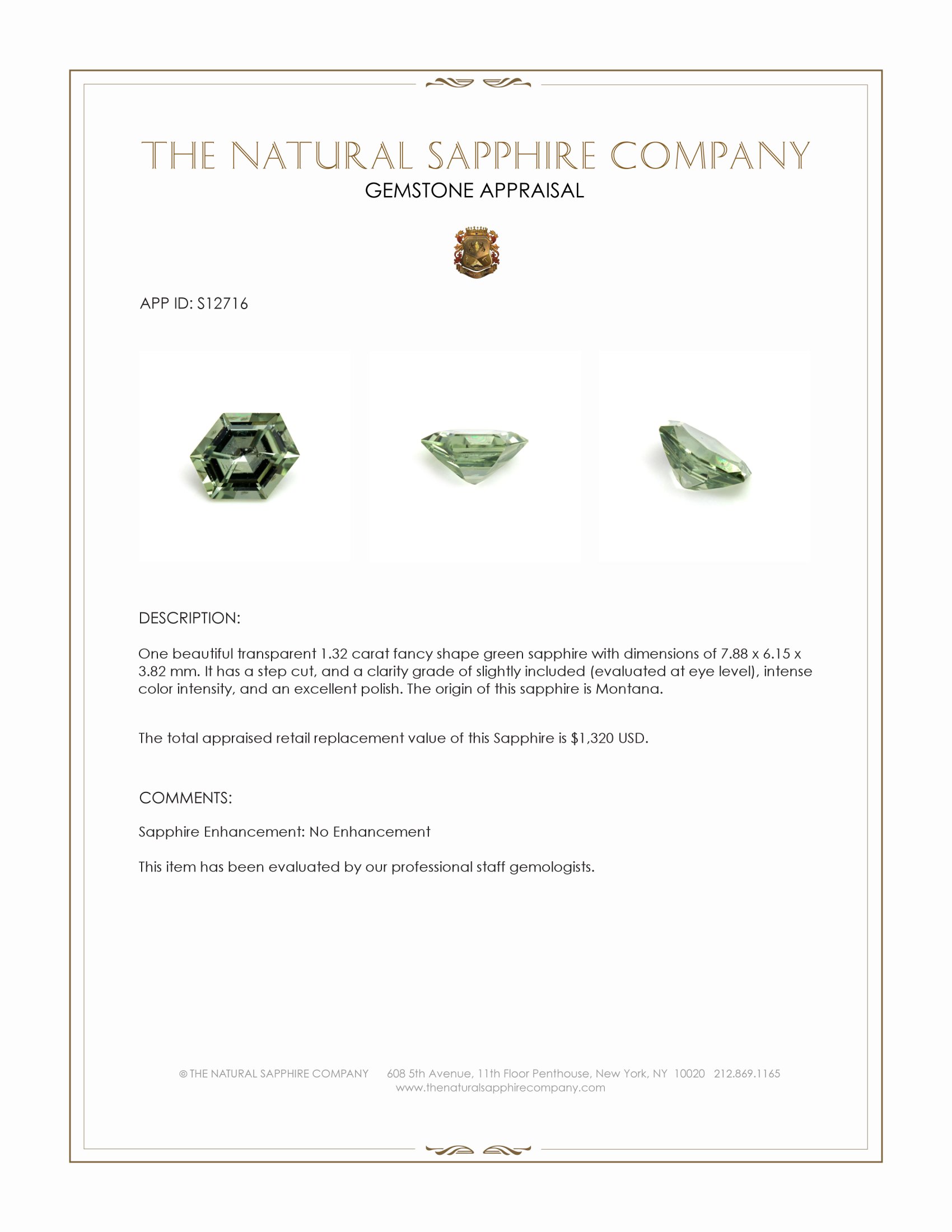 1.32 Ct. Green Sapphire from Montana