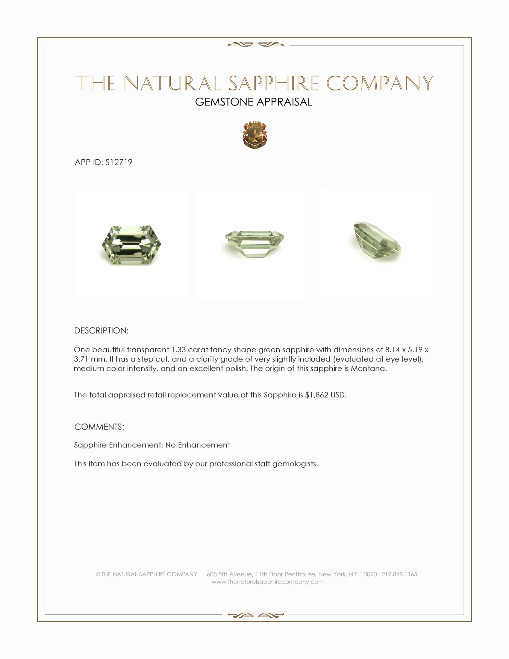 1.33 Ct. Green Sapphire from Montana