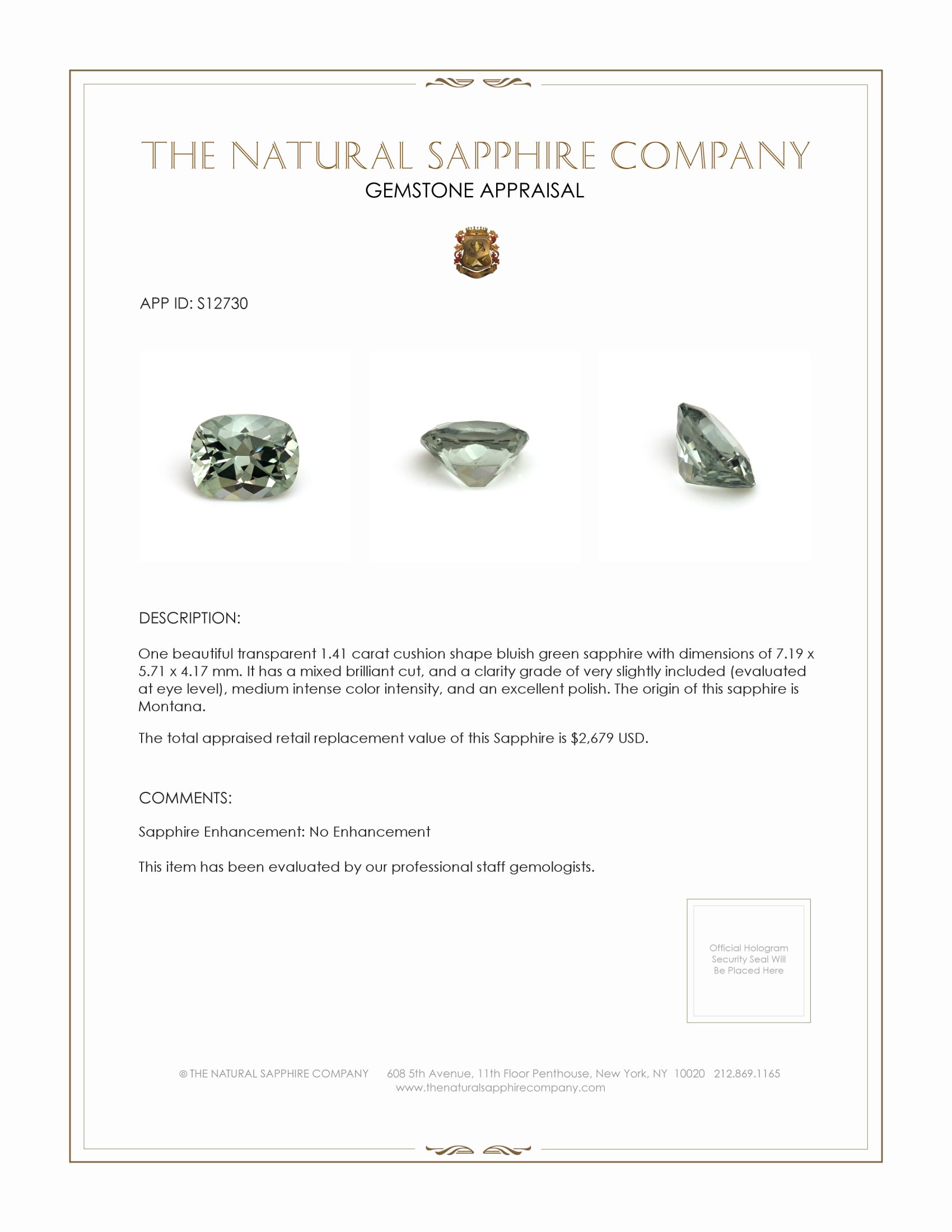 1.41 Ct. Bluish Green Sapphire from Montana